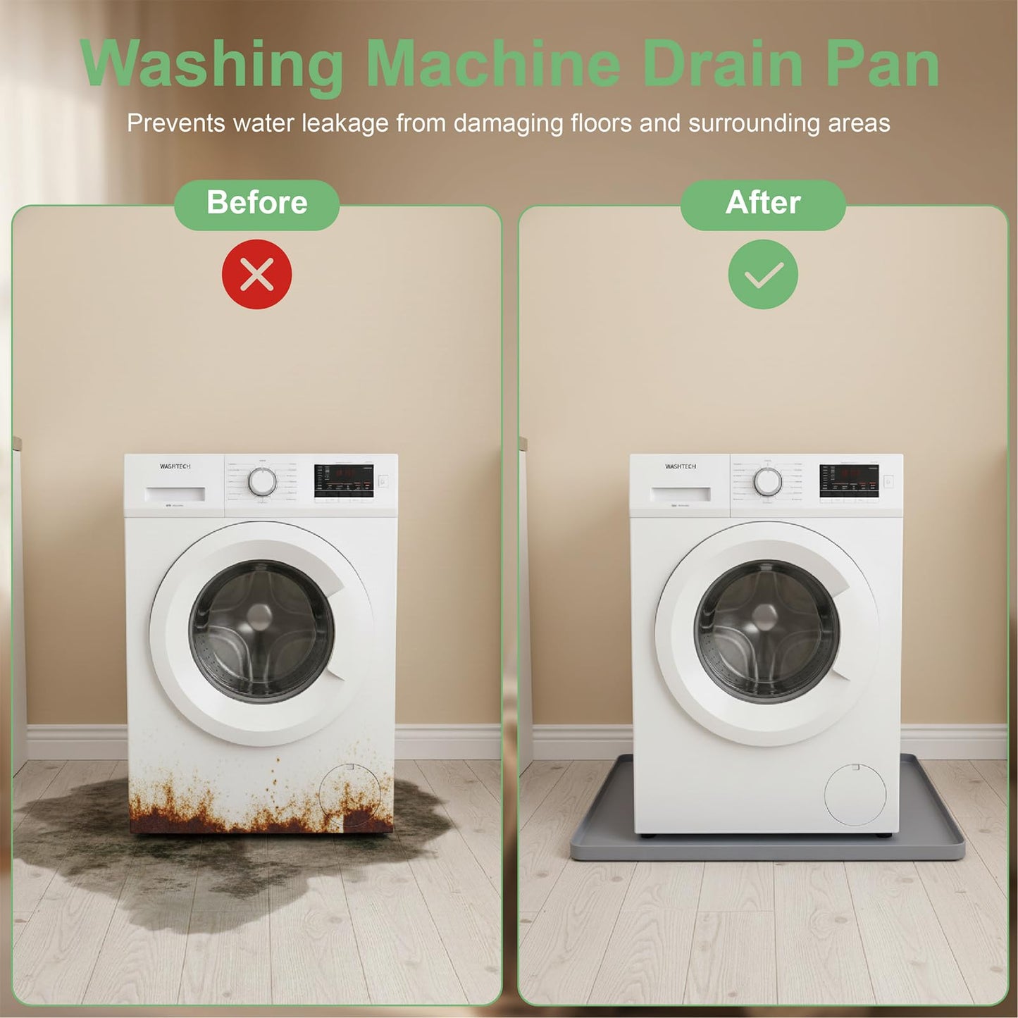 27 x 27 Inch Washing Machine Drain Pan, Silicone Washer Pan, Grey | 2cm Raised Waterproof Edge, Washer and Dryer Mat for Floor Protection, Fits Compact Washers Up to 3.5 Cu.Ft. BST220