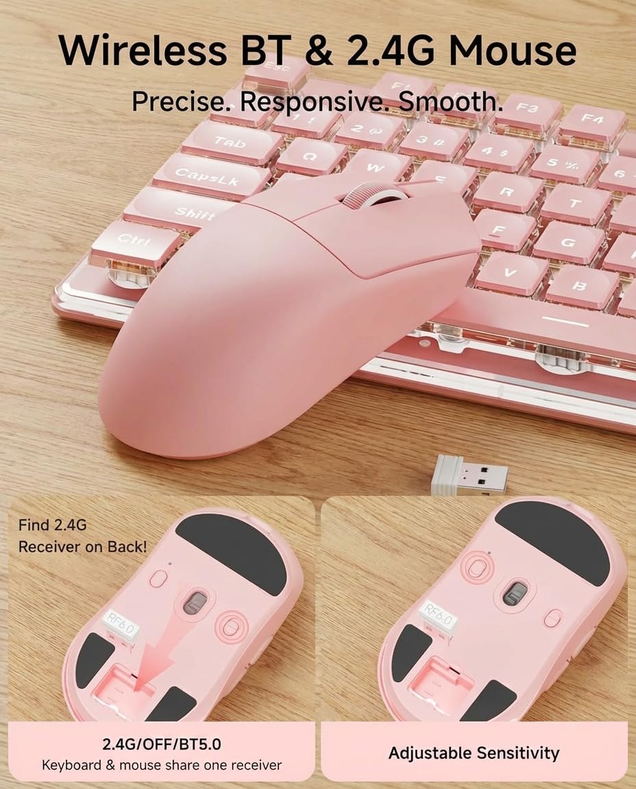 V3 Wireless Keyboard and Mouse with Single Backlit, Metal Panel, Bluetooth/2.4G Rechargeable Computer Keyboard and Mouse Combo Silent Lighted Full Size Cute Keyboards-White