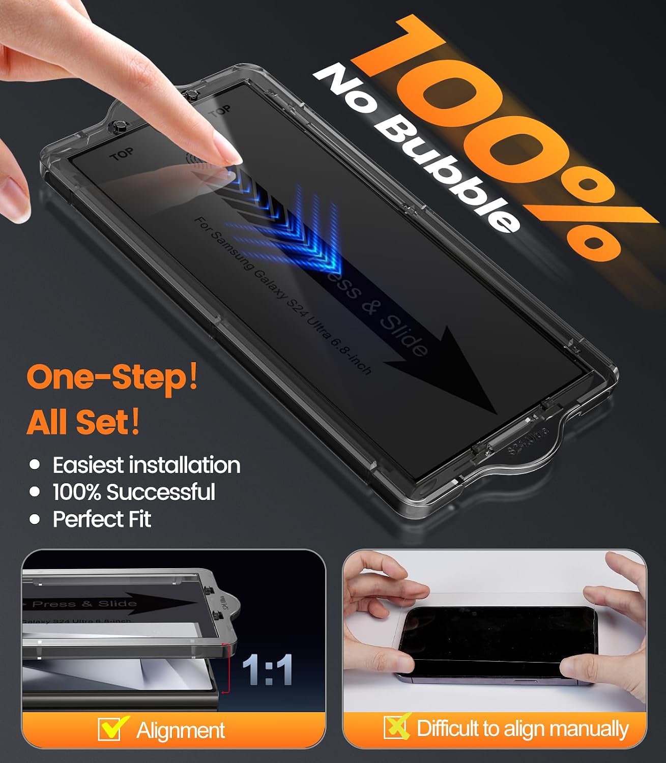 iGluz 2+2 Pack Privacy Tempered Glass Screen Protector for Samsung Galaxy S24 Ultra 6.8", 9H Ultra-Sensitive Glass with 0.02s Fingerprint Unlock Support, Anti-Spy, Easy Installation, Case-Friendly WN420
