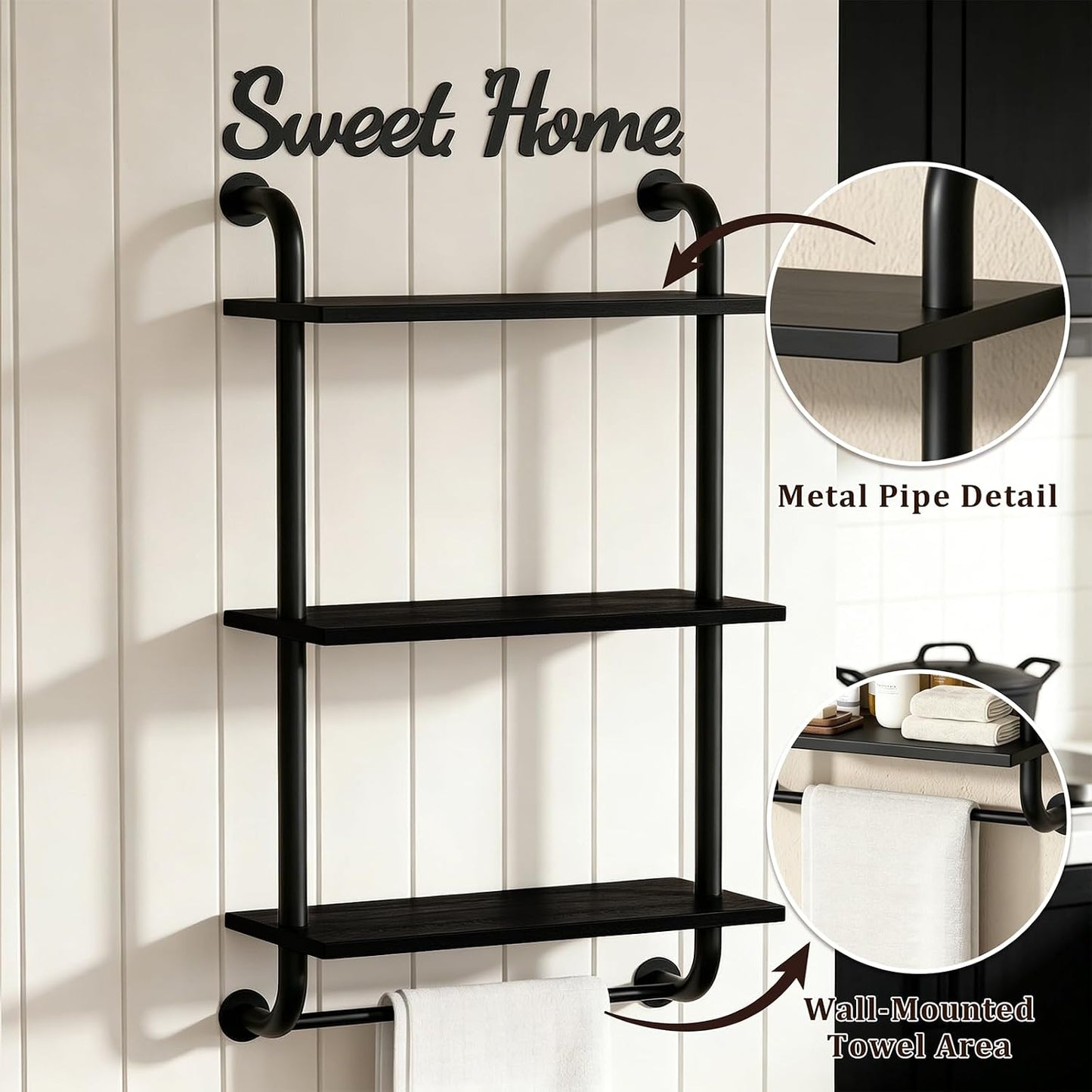 Tinpin Bathroom Shelves Wall Mounted, Rustic Farmhouse Pipe Shelves, Walls Shelf 3-Tier, Industrial Pipe Shelving, Floating Shelf Wall Decor for Bathroom, Kitchen, Bedroom, Living Room 17.3in Black DD1210