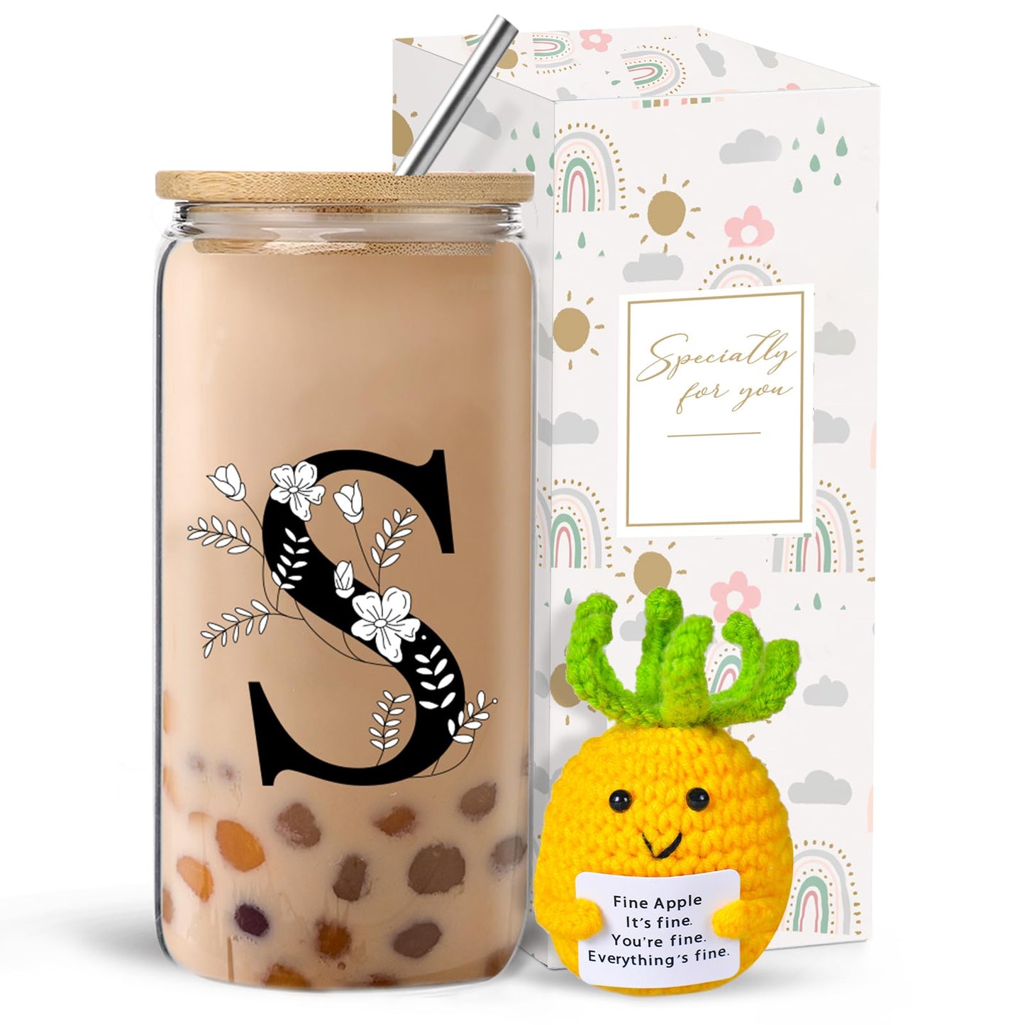 Monogrammed Initial Glass Cup with Lids and Straws gift for Women | Personalized Gift Set with Doll, 16 Oz Ice Coffee Cup ,reusable glass tumbler,Birthday Christmas Gift for Her,U WN420