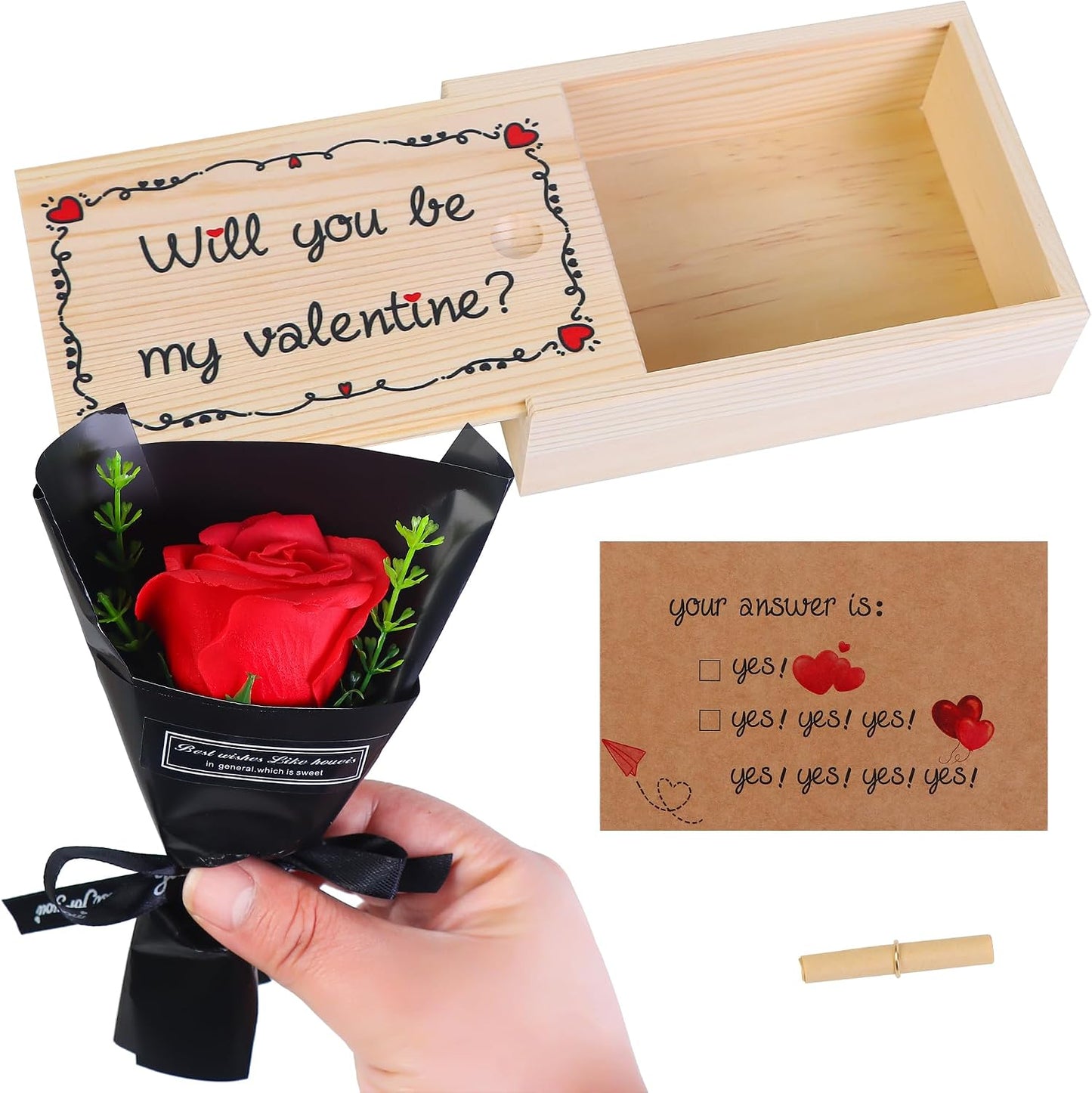 Will You Be My Valentine Card Matchbox Handmade Cute Love Card Wooden Box with Mini Rose Surprise Gift for Valentine's Day, Anniversary for Her, Him, Wife, Husband, Girlfriend, Boyfriend BST202