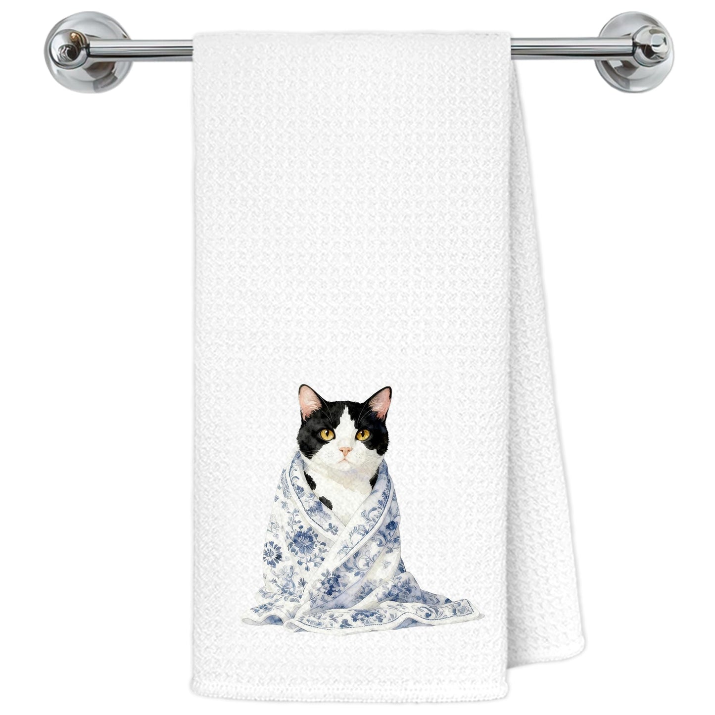 Blue and White Chinoiserie Orange Cat Bathroom Hand Towels, Orange Cat Gifts, Funny Oriental Kitty Decorative Hand Towels Bathroom Restroom Washroom Yoga Spa Zen Decor, 16x24 Inch BST326L