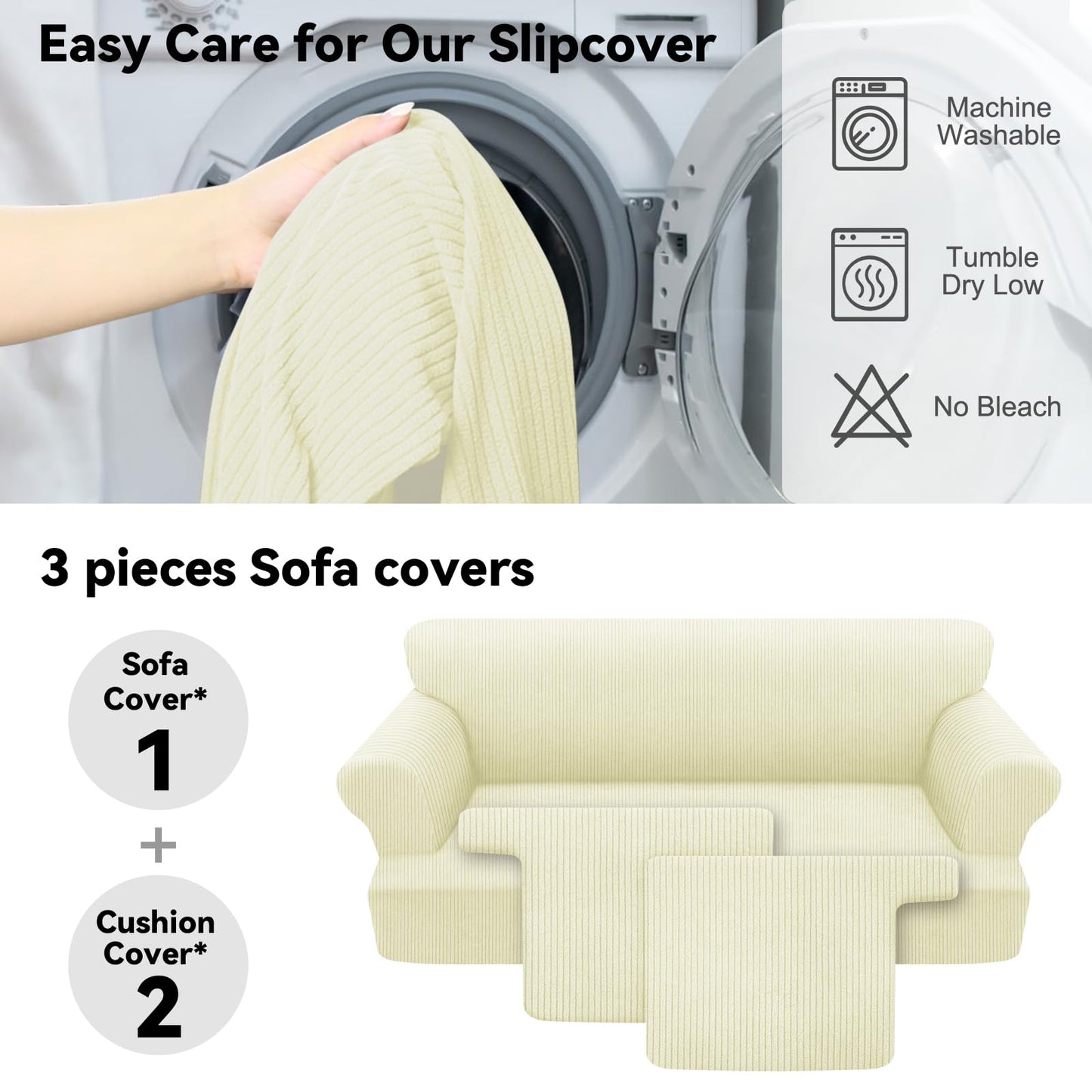 Waterproof Chair Cover with Arms 2-Piece Set Striped Slipcover for 1 Separate T Cushion Couch - TPU Fabric Armchair Covers Leakproof Couch Protector for Kids, Pets(Chair, Beige) BST220