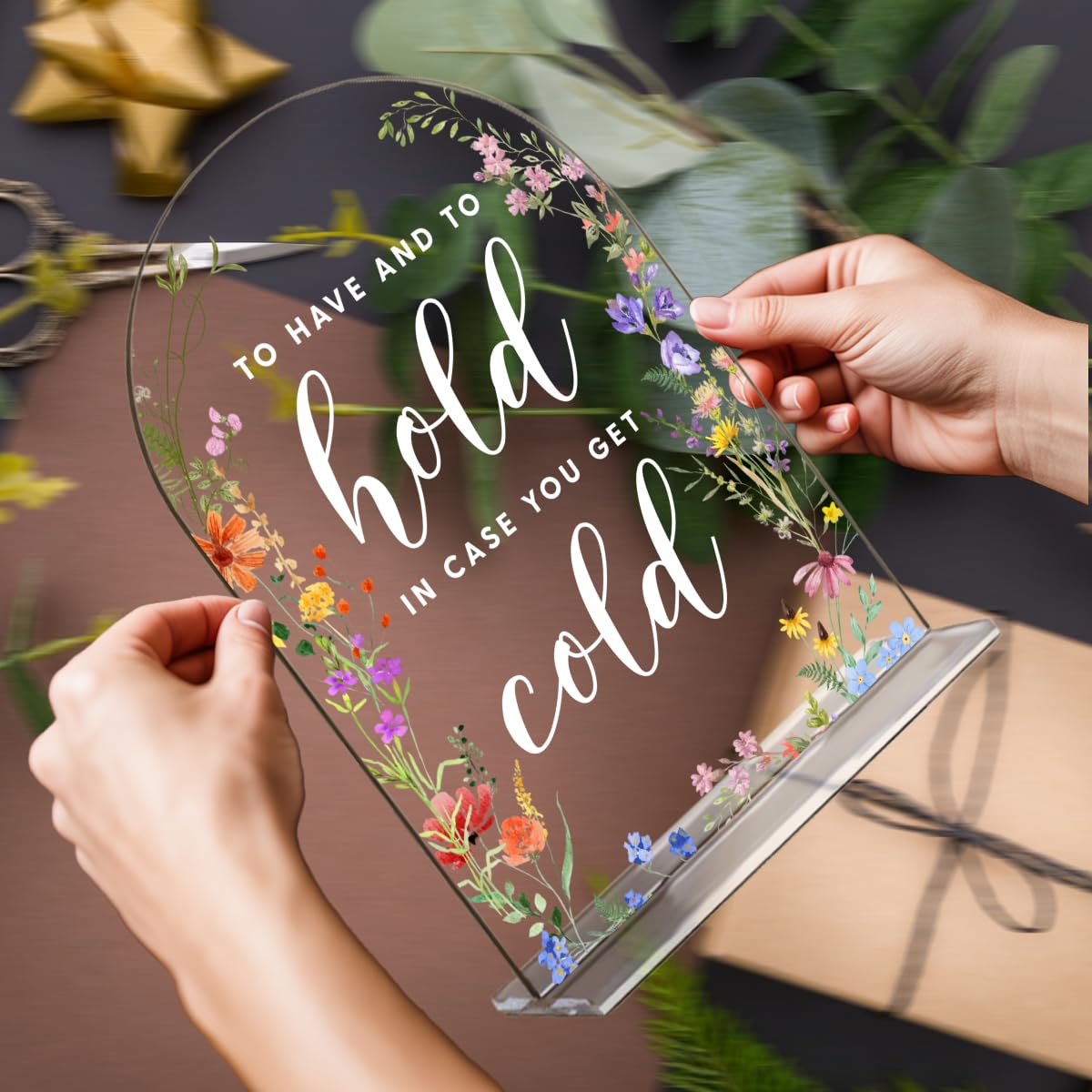 Acrylic Wedding Signs, Pick A Card Signs for Marriage Reception, Bridal Shower Decorations, Modern Arched Round Top Acrylic Table Top Sign with Holder for Wedding Party Dinner (Clear Wildflowers) BST326L