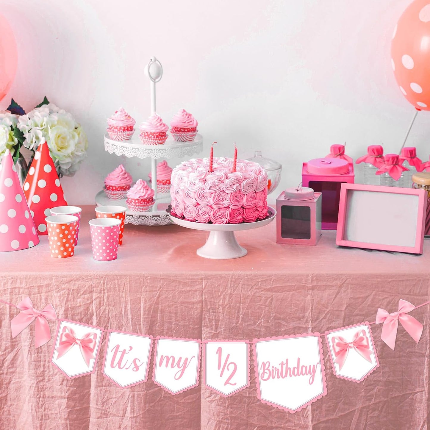 Half Birthday Decoration It's My 1/2 Birthday Banner with Pink Ribbon Bow Six Months Girl Party Decoration for Girls Kids Little Princess Baby Shower Party Supplies Sweet Photo Props BST326L