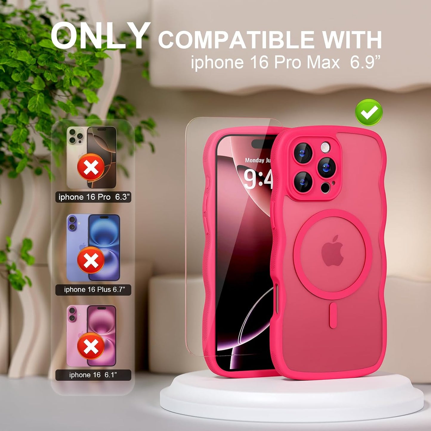 QVLANG Case for iPhone 16 Pro Max, Cute Wave Cover Case, Upgraded[Full Camera Protection][Compatible with Magsafe][Military Grade Protection][Translucent Matte] Phone Case for Women Girls, Hot Pink WN420