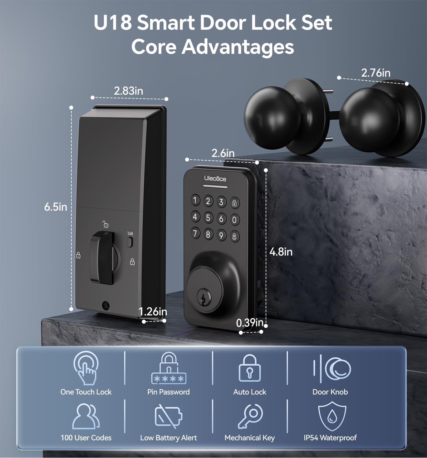 Ulecoce Keyless Entry Door Lock with Knob Set, Door Locks for Front Door with Handle Set, Auto Lock, One-Touch Lock, 100 Codes ＆ 3 Keys, Anti-Peeping Password, Easy Installation, Black