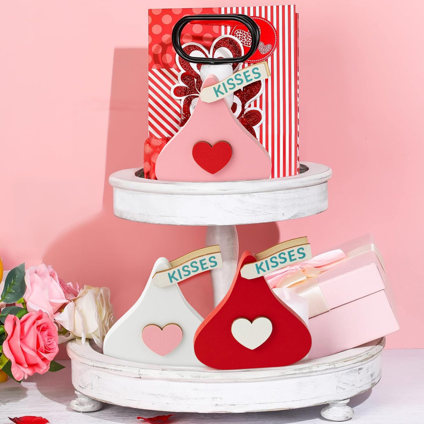 WATINC Valentine Tiered Tray Signs - 3PCS Valentine's Day Kisses Wooden Table Centerpiece Decorations, Sweet Glitter Candy Chocolate Wood Desk Decor, Romantic Tabletop Wedding Farmhouse Party Gifts BST202