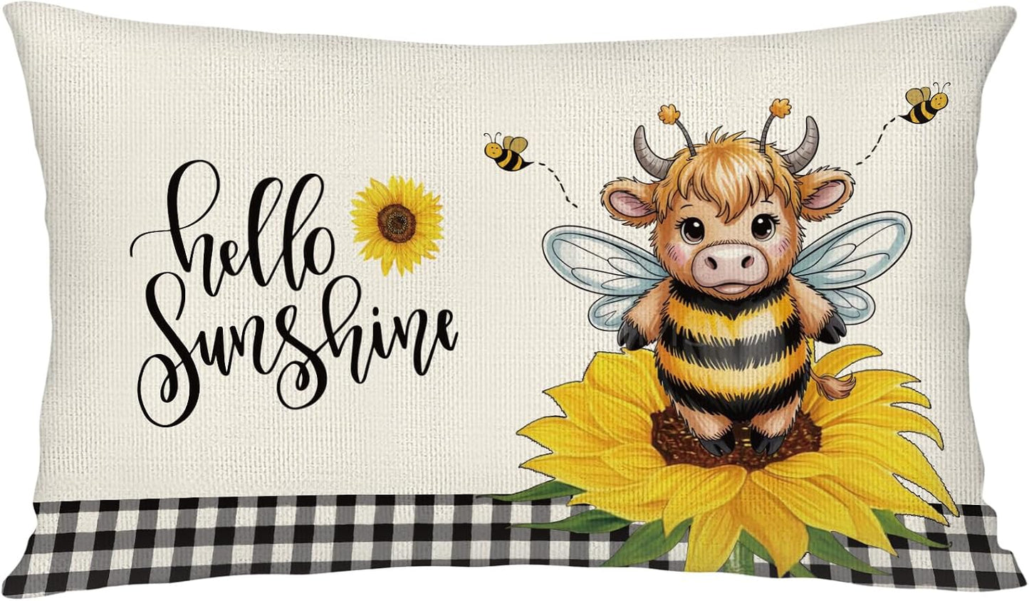 Sunflower Highland Cow Bee Lumbar Throw Pillow Cover 12x20 Inch Summer Cushion Case Decoration for Sofa Couch BST202