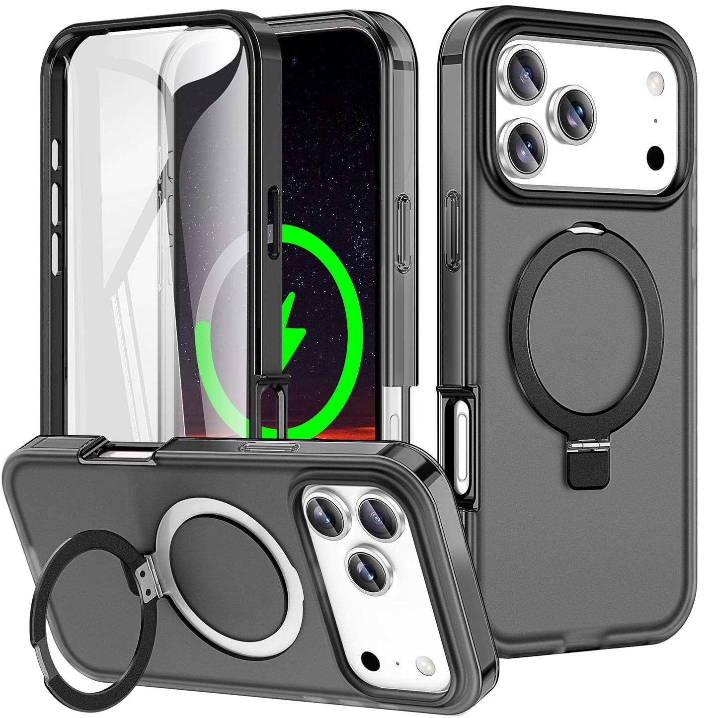 for iPhone 13 Pro Full Body Shockproof Case with Magnetic Invisible Stand [Compatible with MagSafe] Built-in Screen Protector Military Drop ProtectionTranslucent Phone Cover -Hot Pink WN420