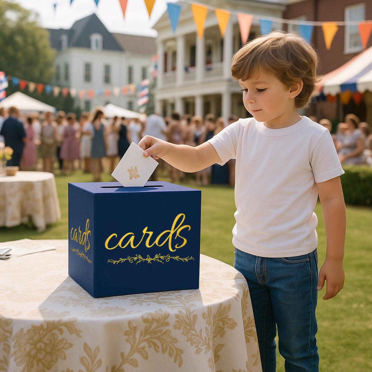 1 Pack White and Gold Wedding Card Box for Party Graduation Bridal Baby Shower Retirement Decorations Cardboard Birthday Card Holder Raffle Ballot Voting Box with Slot 7.8 x 7.8 x 7.8 In BST220