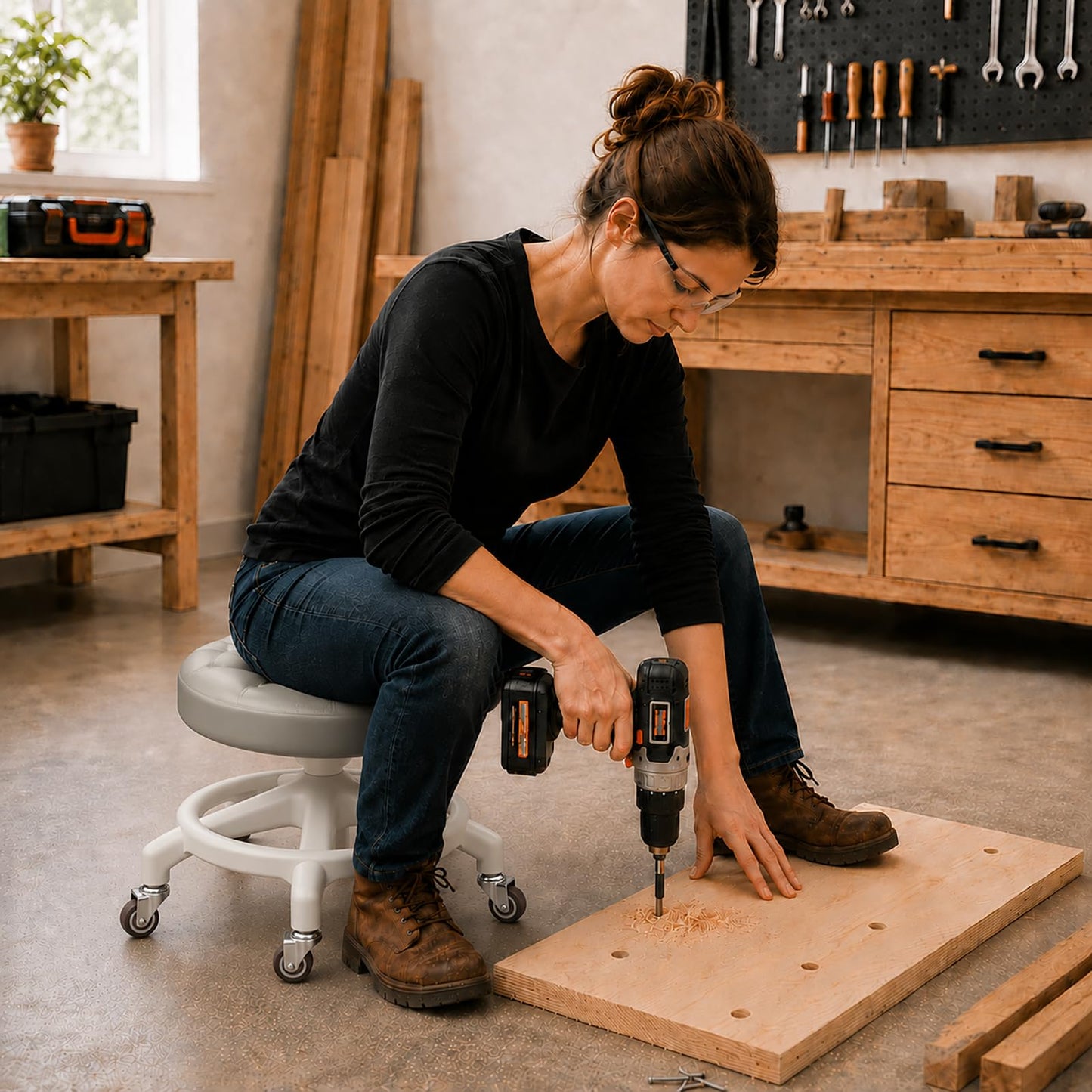 Low Rolling Stool with Smooth & Quiet Bearing Rubber Wheels, Heavy Duty 600 lb Capacity Mechanics Rolling Seat for Garage, Salon, Cleaning & Auto Repair, Black Seat with Black Frame WN420