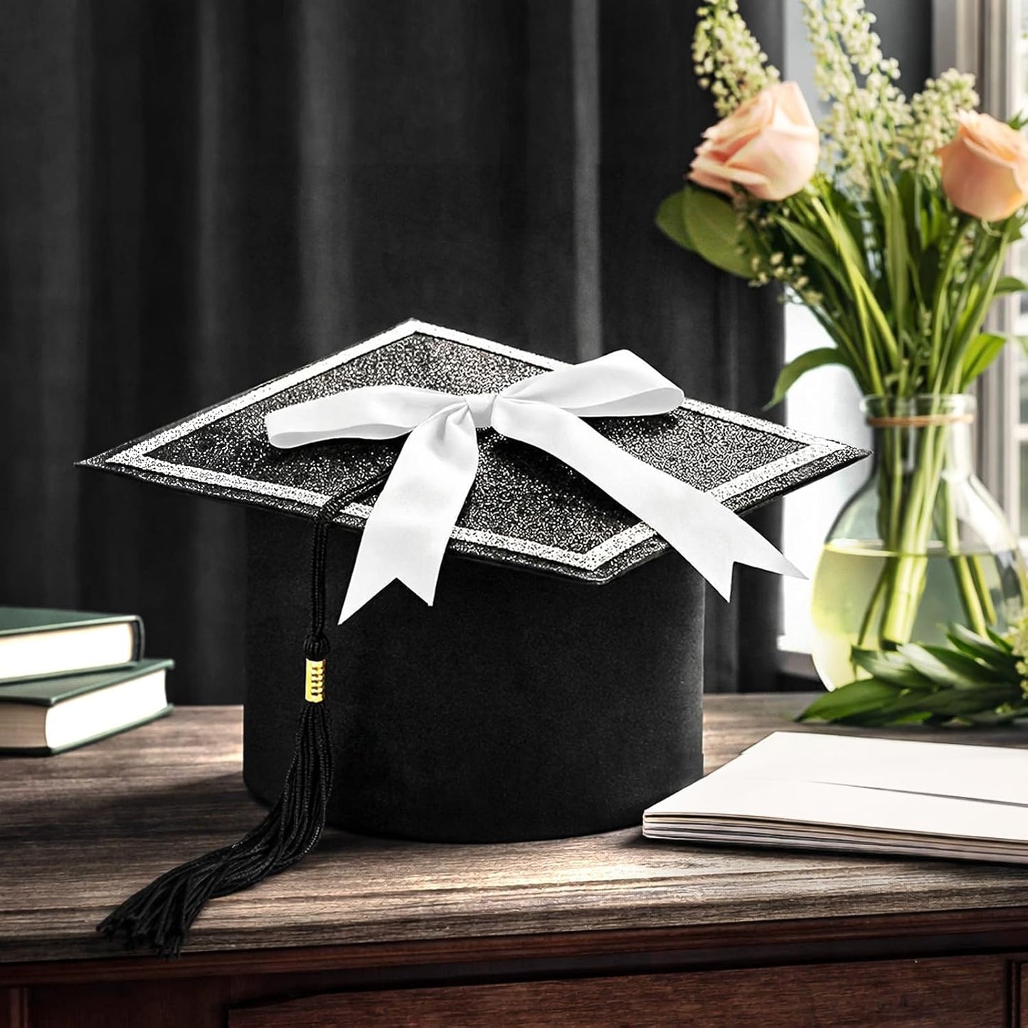 Dunzoom Black DIY Graduation Cap Decorations Kit Rhinestone Grad Cap Topper with Tassel White Bow Glitter Graduation Hat for Class of 2026 Graduate Ceremony Adult Grad Party Gift Art Craft WN420