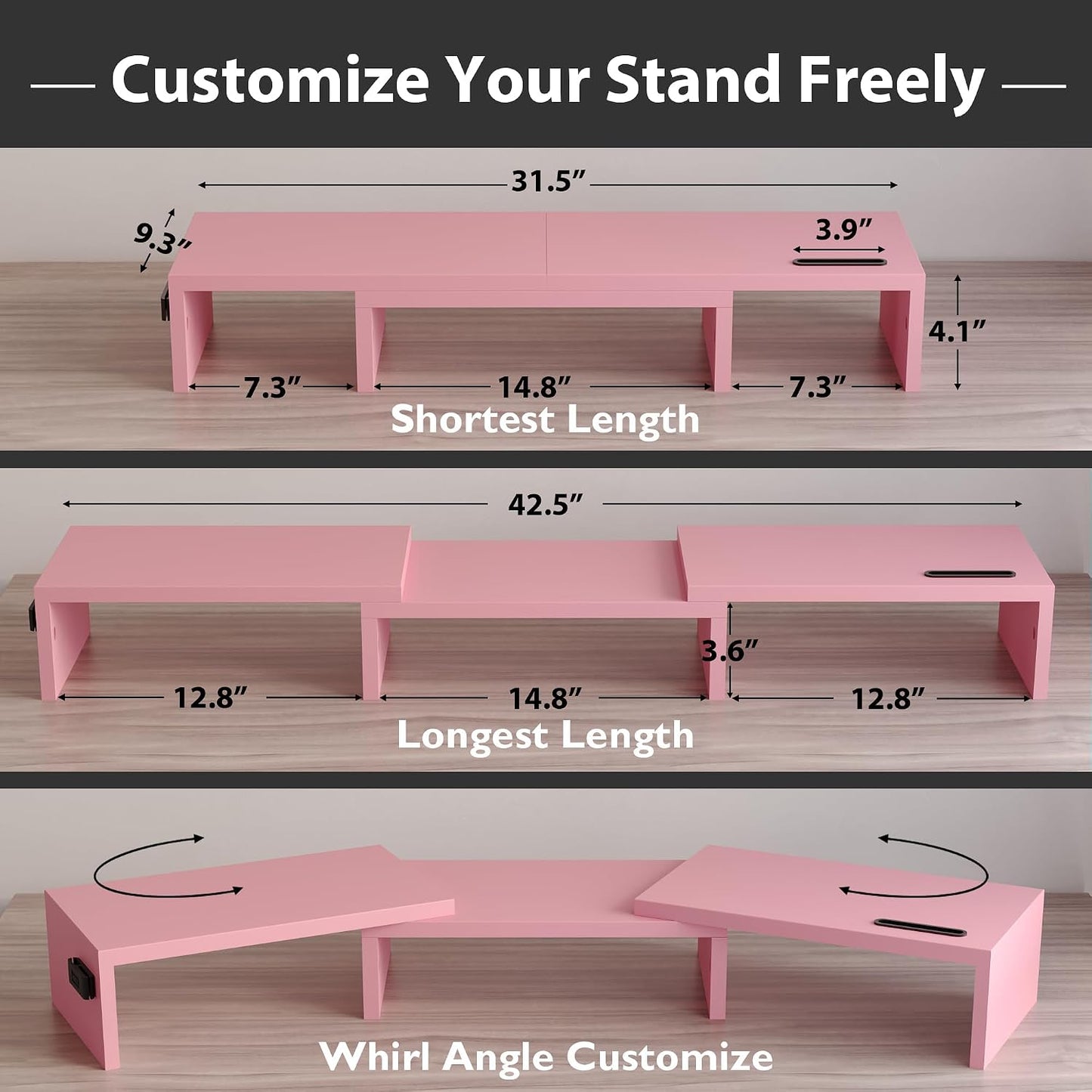 BONTEC Dual Monitor Stand Riser, Adjustable Length & Swivel Angle, Pink | Ergonomic Wooden Desktop Organizer with Smartphone Holder, Computer Monitor Stand for PC, Laptop, Printer and Large Storage BST202