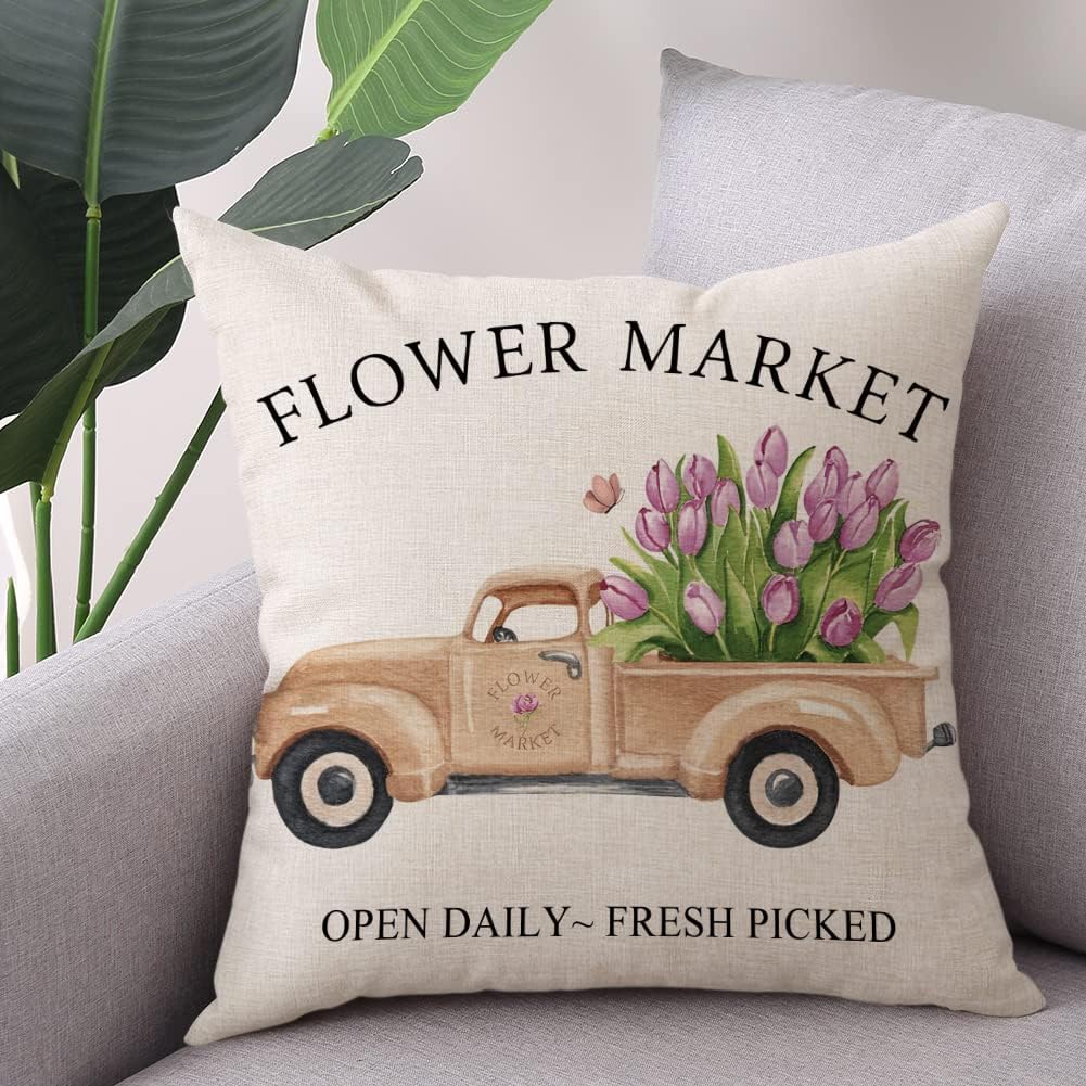 Spring Easter Pillow Covers 18x18 Set of 2 Rabbit Bunny Carrot Truck Spring Flowers Decorative Throw Pillow Covers for Home Office Sofa Bed Couch BST326L