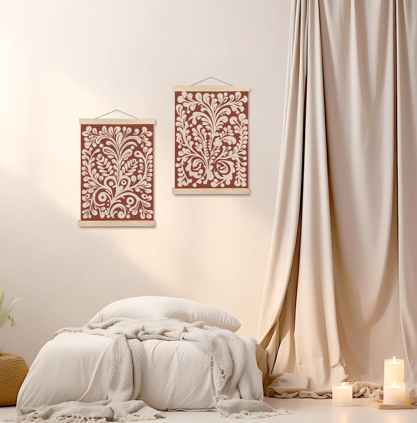 SPBL&L Green Boho Floral Mexican Wall Art, Abstract Flower Poster Hanger Frame, Burnt Orange Terracotta Botanical Hanging Canvas Pictures Prints Wall Decor for Home Bedroom, 12x16 Inch Set of 2 BST202