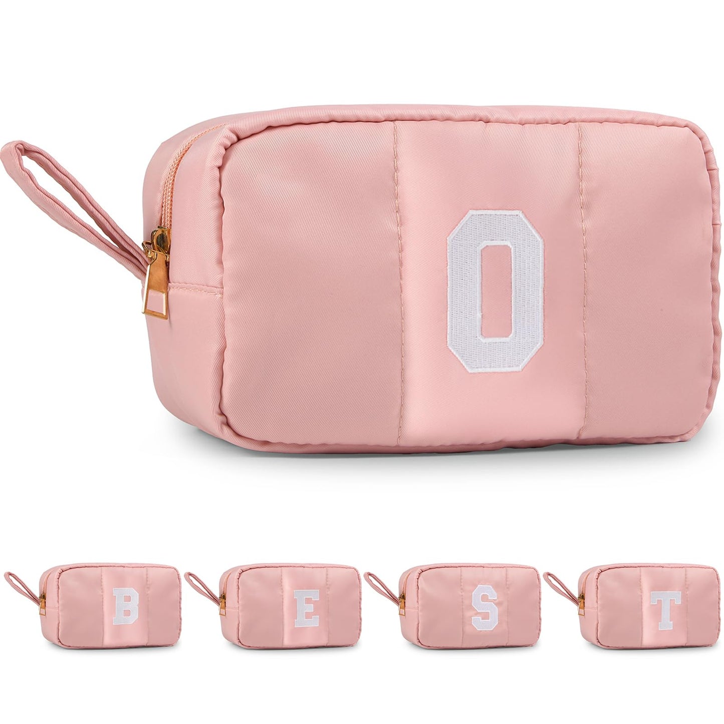 Puffy Makeup Bag for Women,Initial Cosmetic Bag,Cute Travel Toiletry Bag,Puffer Make Up Organizer Bags with Compartments,Personalized Gifts for Girlfriend Bridesmaid Teacher Graduation (Khaki gray, E) BST202