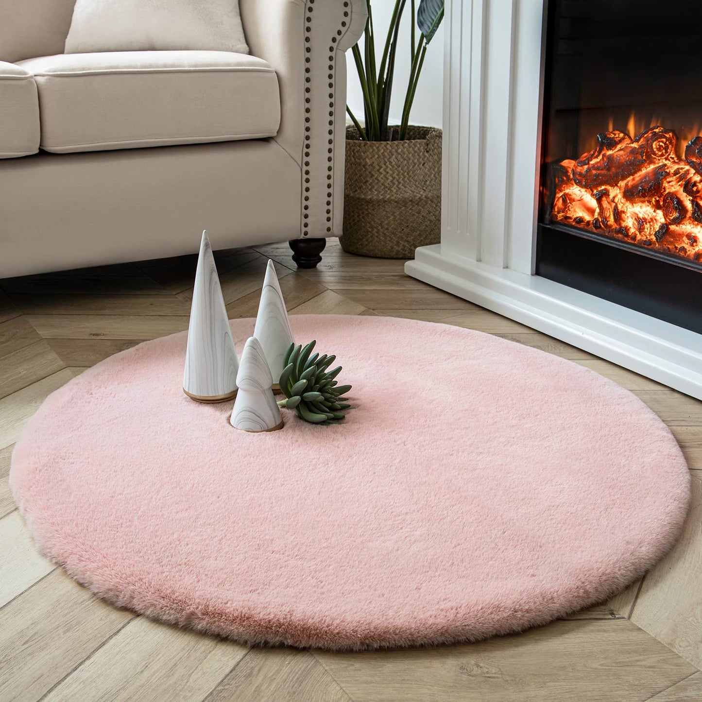 Ashler Faux Fur Rug, Ultra Soft Faux Rabbit Fur, Beige Area Rugs, 3 x 3 Feet Round, Machine Washable Nursery Decor Throw Rugs for Bedroom, Kids Room, Living Room BST326H