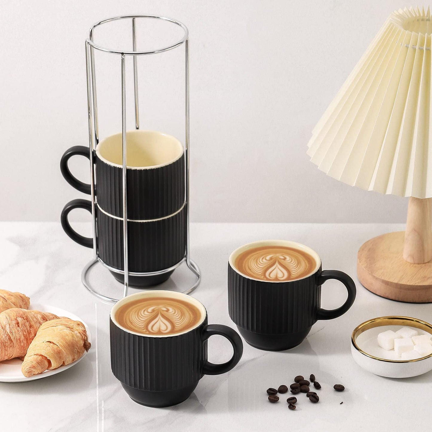 HASENSE 15 oz Ribbed Stackable Coffee Mug Set of 4, Porcelain Latte Cups with Metal Rack, Dishwasher & Microwave Safe, Cappuccino Tea Hot Cocoa, White BST220