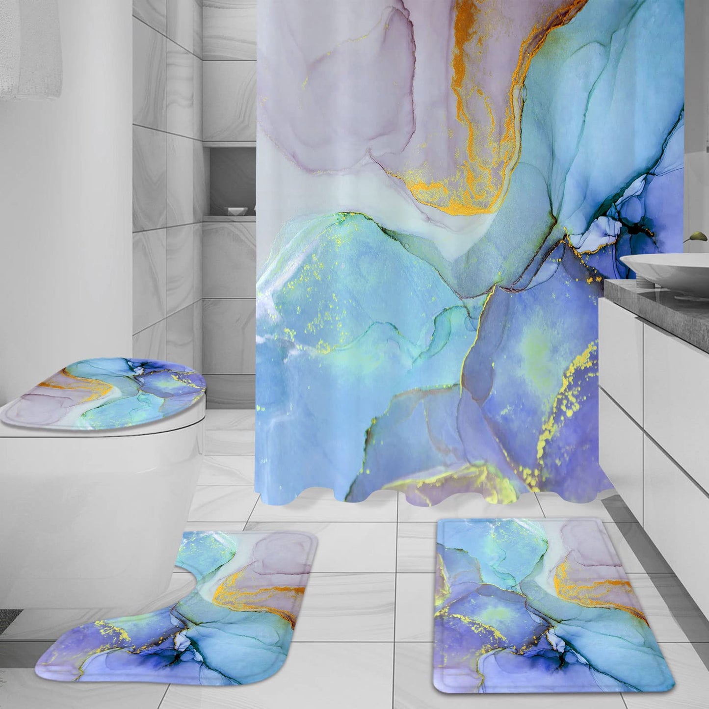 Gibelle 4 Pcs Bathroom Shower Curtain Set with Non-Slip Rugs, Toilet Lid Cover and Bath Mat, Grey Blue Marble Bathroom Decor Set with Shower Curtain and Rugs and Accessories BST326H