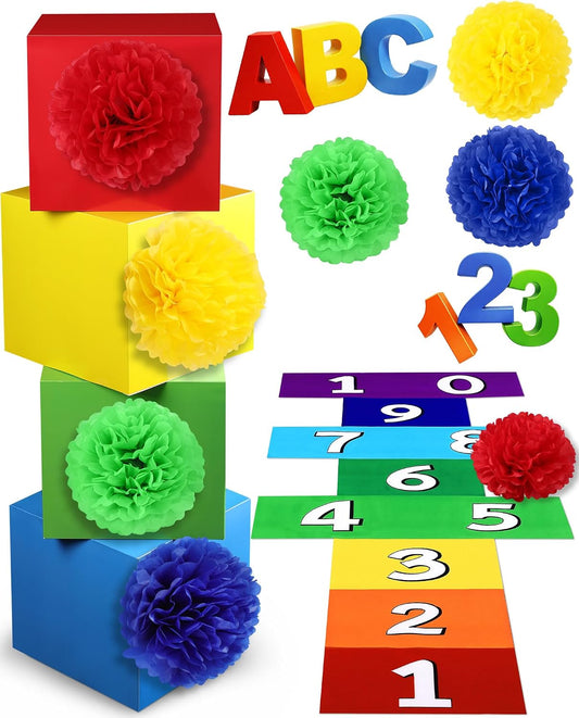 JolliLudo 24 Pcs Friend Party Decoration for Street Theme Colorful Boxes Red Blue Yellow Green Paper Pom Poms Cartoon Theme Street Sign Giant Wiggle Eyes Friends Birthday Party Supplies BST326H