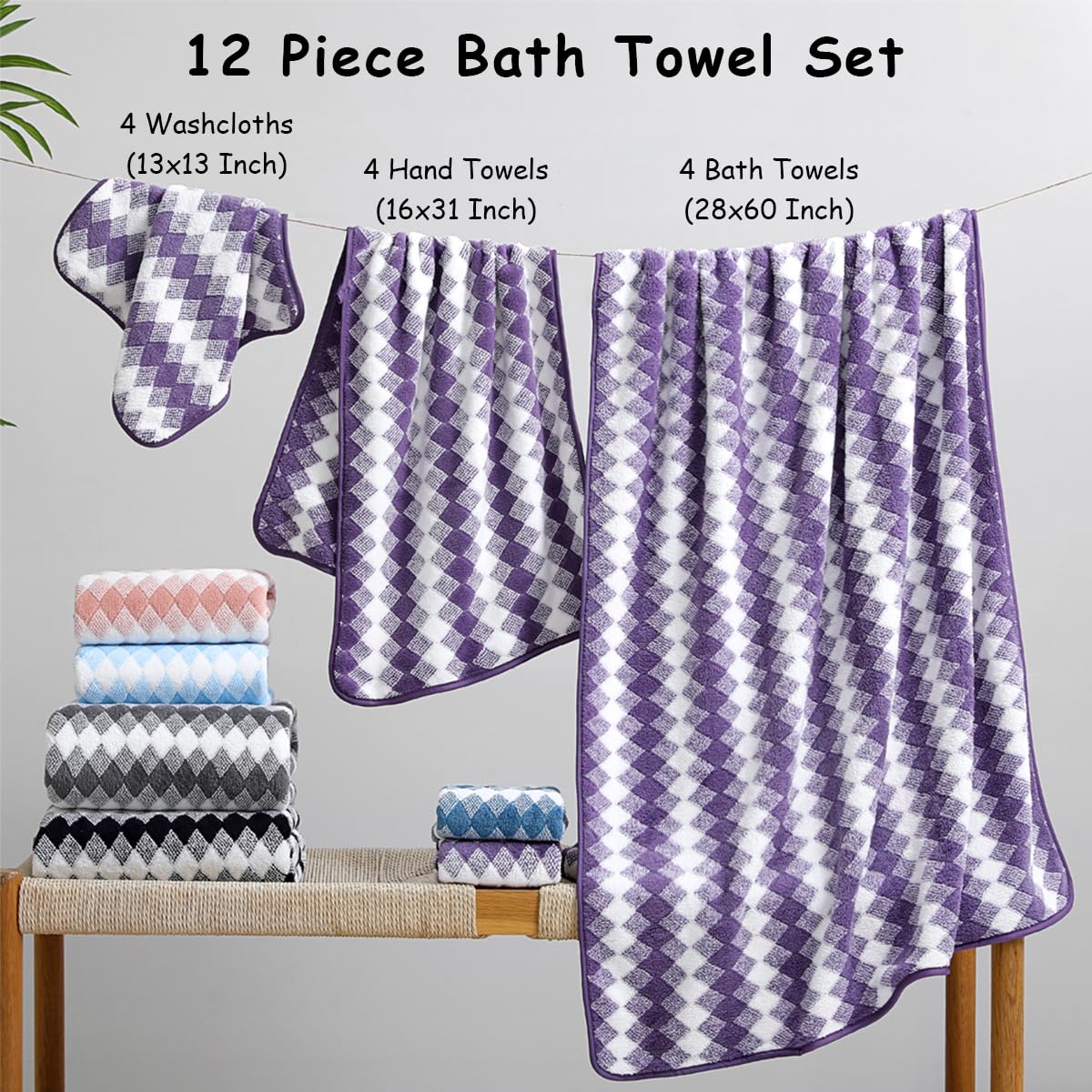 12 Pcs Light Gray Diamond Towel Set-4 Bath Towels,4 Hand Towels,4 Washcloths Soft Polyester Towels with Loop Absorbent Shower Towel Quick Dry Beach Chair Towel Family Towels for Bathroom Spa Gym Pool BST220