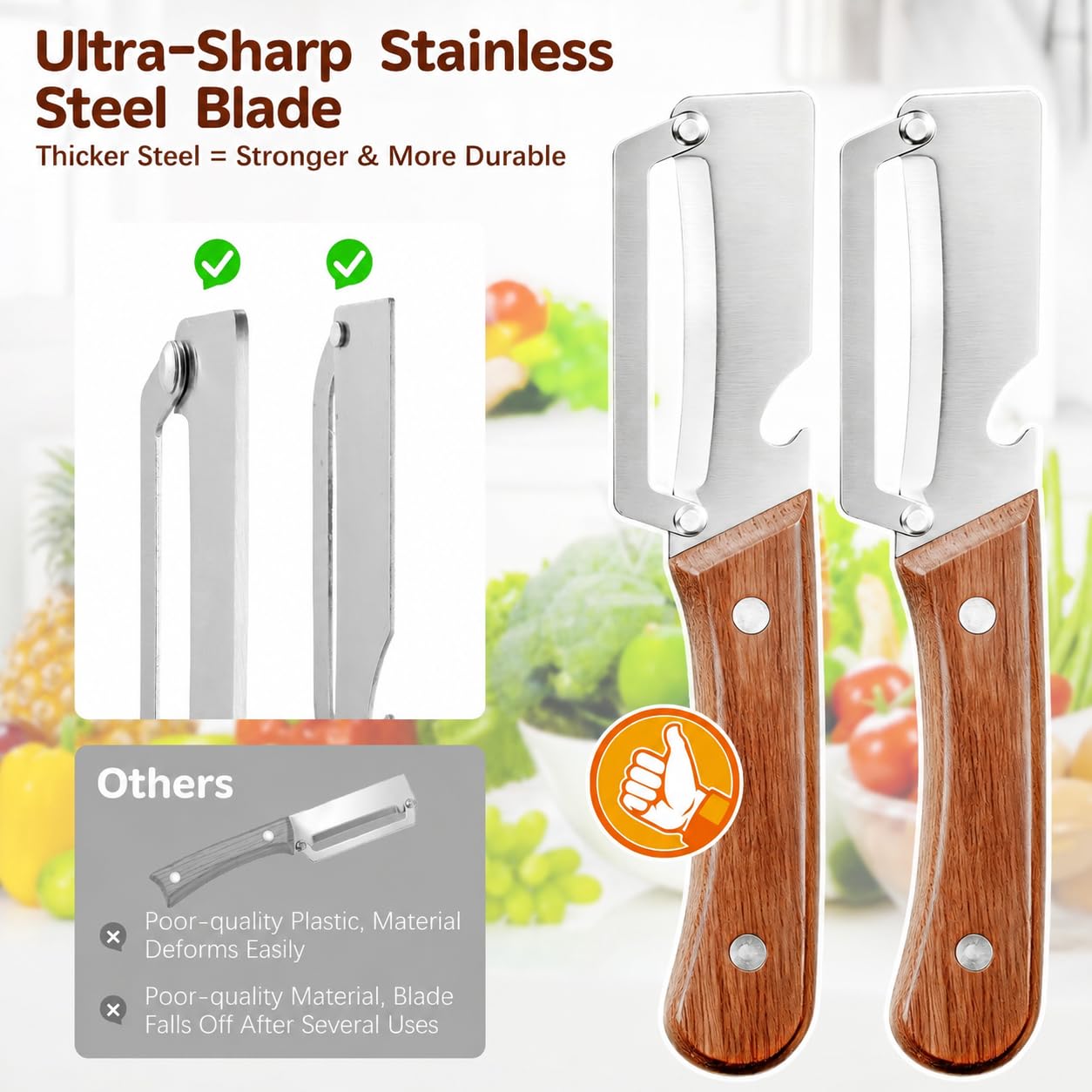 Left & Right Hand Vegetable Peeler Set with Bottle Opener, Thickened Stainless Steel Wide Blade for Smooth Peeling, Wooden Handle Kitchen Peeler for Fruits & Vegetables BST326L