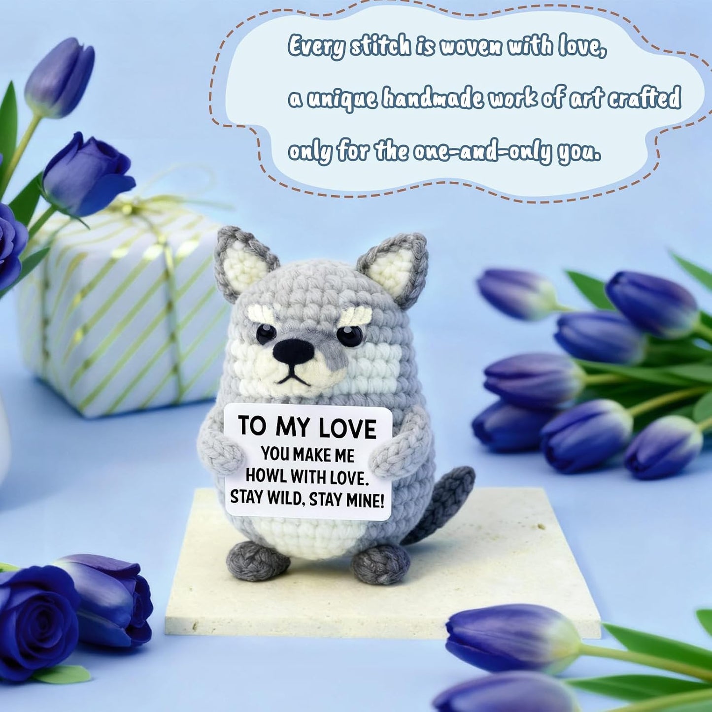 Gifts for Him Boyfriend Husband, Birthday for Men Wife Women Her, Handmade Crochet Gray Wolf Plush, Romantic Birthday Keepsake for Men Couples Wedding Anniversary WN420