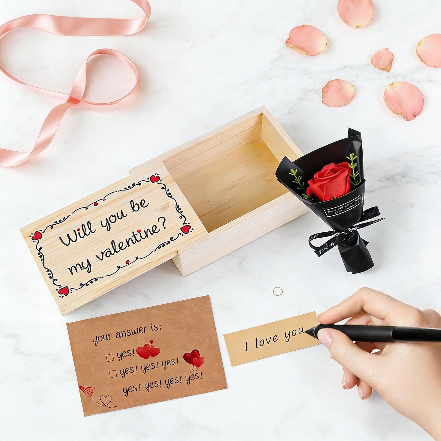 Will You Be My Valentine Card Matchbox Handmade Cute Love Card Wooden Box with Mini Rose Surprise Gift for Valentine's Day, Anniversary for Her, Him, Wife, Husband, Girlfriend, Boyfriend BST202