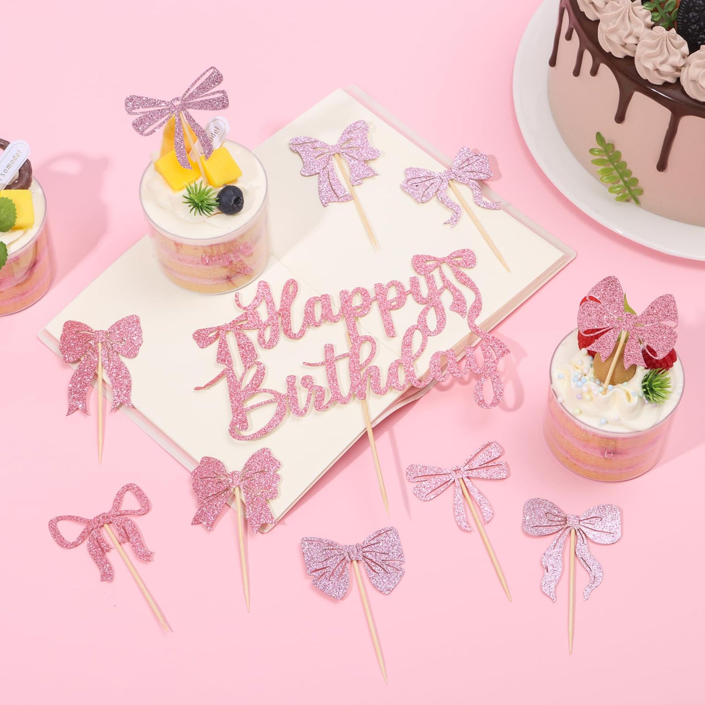 33Pcs Pink Bow Birthday Decorations Coquette Party Decorations with Happy Birthday Banner, Cake Topper, Bow Cake Decoration, Bowknot Cupcake Toppers for Bday Bridal Shower Bachelorette Valentine's Day BST220