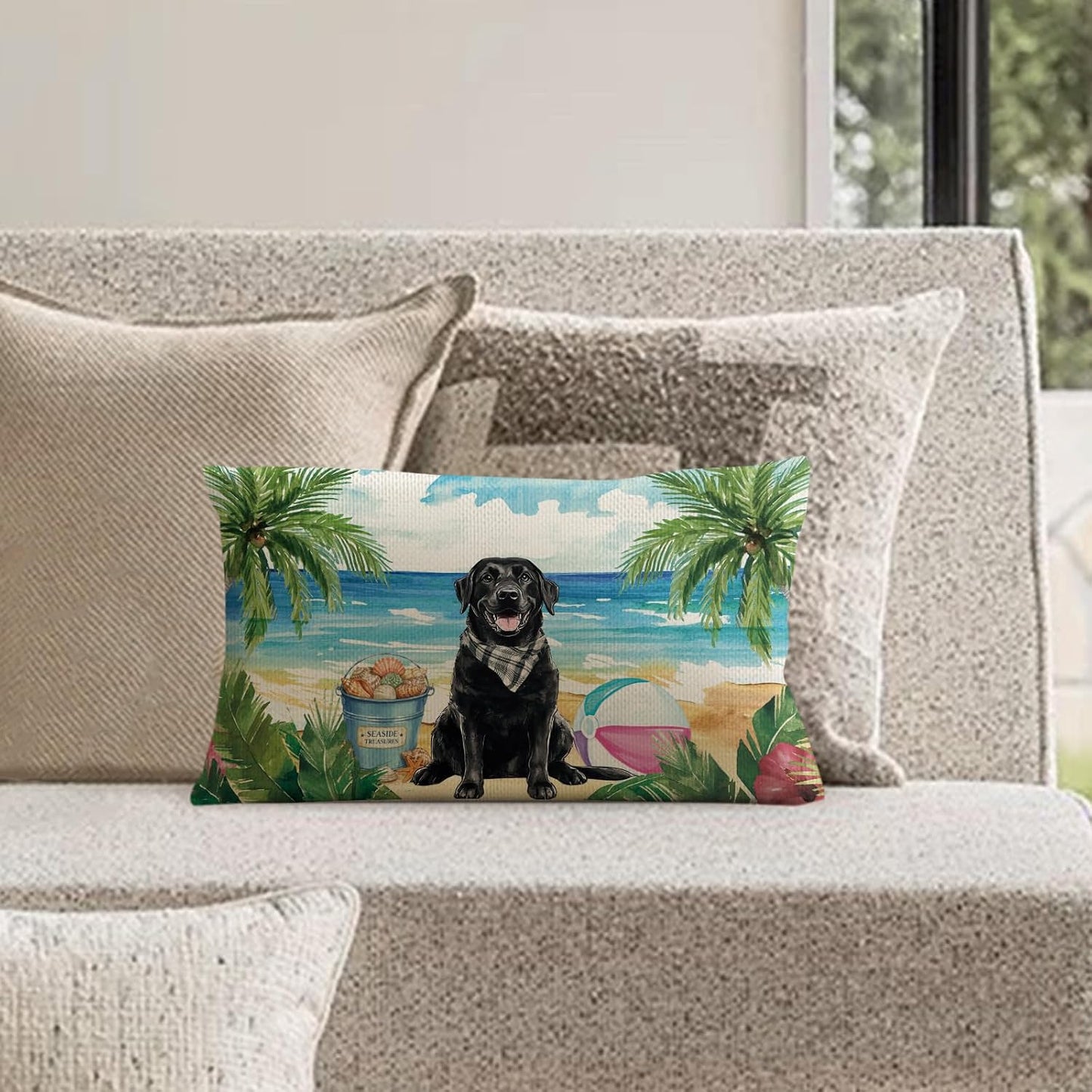 Summer Black Labrador Dog Lumbar Throw Pillow Cover 12x20 Inch Beach Coastal Cushion Case Decoration for Sofa Couch BST202