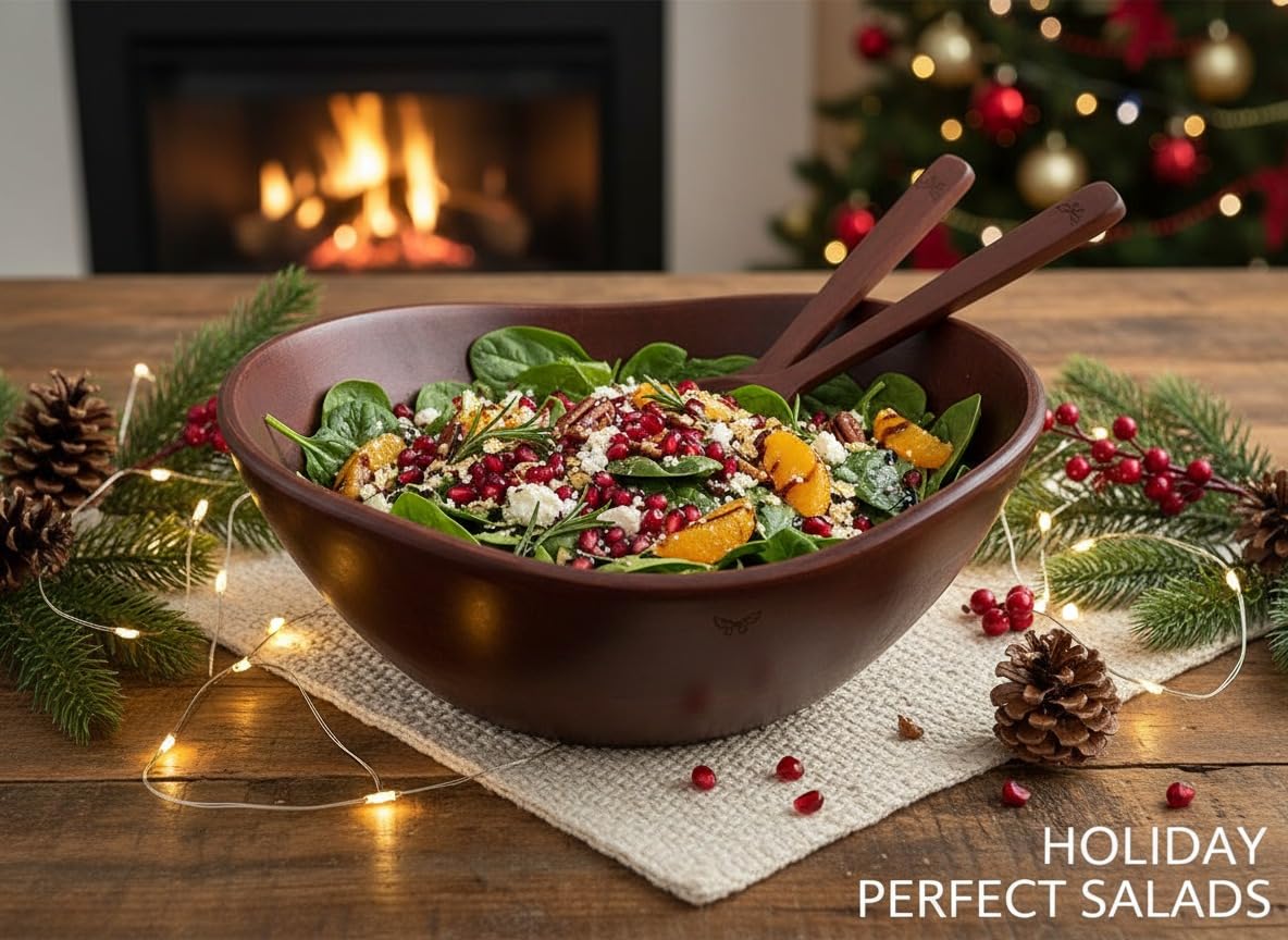Melvvi Large Wooden Salad Bowl Set with 2 Serving Utensils | 12" Acacia Wood Bowls for Food | Great Mothers Day gift (Natural Set of 3) BST220