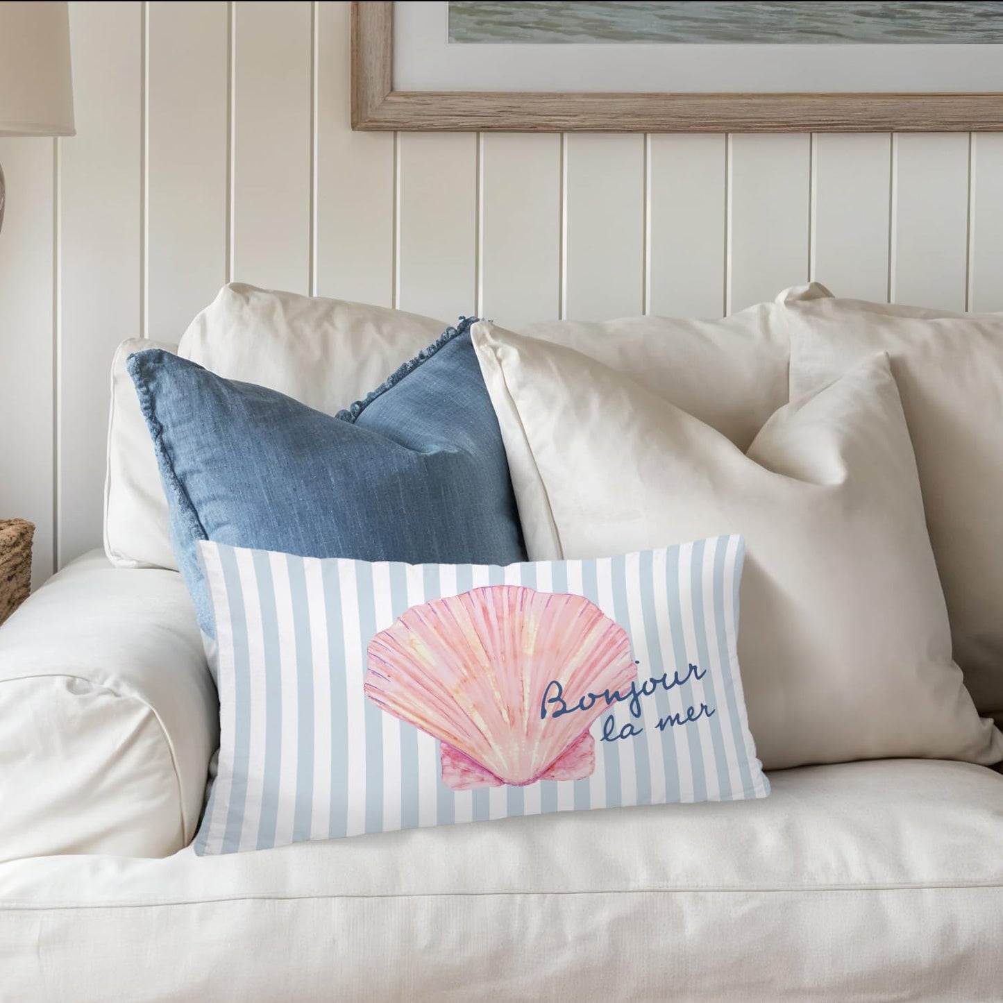 Coastal Beach Girly Room Decor 12x20 Pillow Cover, Preppy Beach Navy Blue Bikini Striped Decorative Lumbar Pillow Covers for Girls Bedroom College Dorm Sofa Couch BST326L
