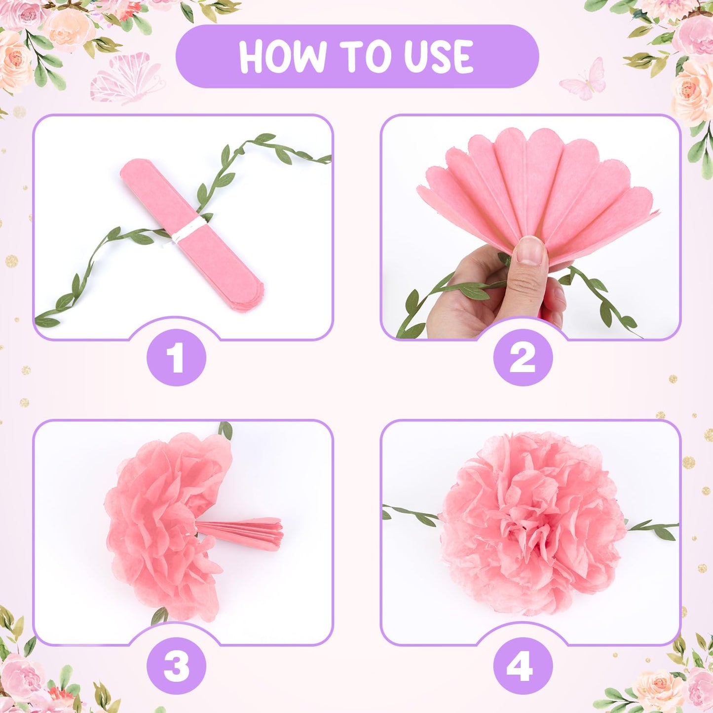 kreat4joy 4pack Pink Purple Tissue Paper Pom Poms Flowers Garland Leaf Ribbon 98.42inches Pre-Strung Reusable Ceiling for Birthday Baby Shower Wedding Bridal Shower Home Event Wall Party Decoration BST220