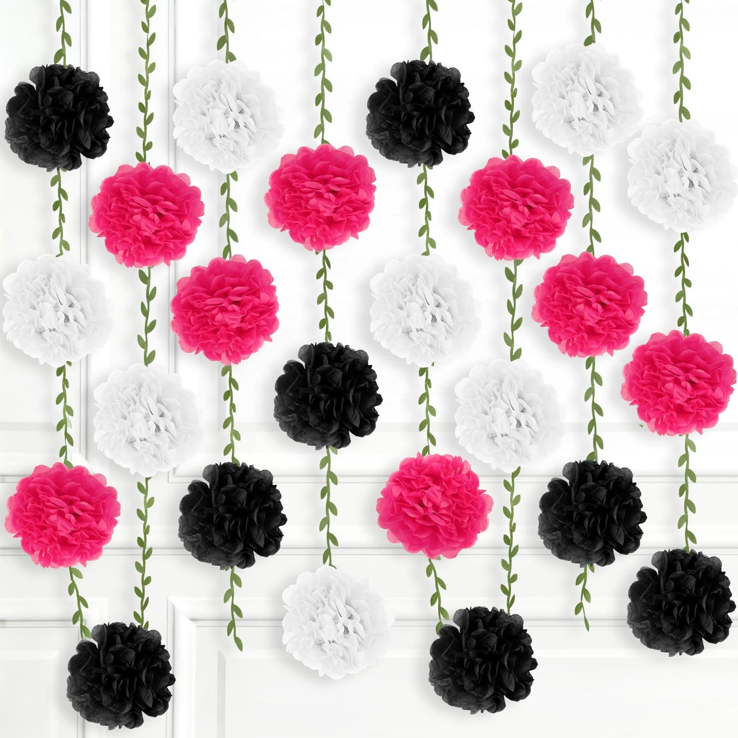 kreat4joy 4pack Pink Purple Tissue Paper Pom Poms Flowers Garland Leaf Ribbon 98.42inches Pre-Strung Reusable Ceiling for Birthday Baby Shower Wedding Bridal Shower Home Event Wall Party Decoration BST220