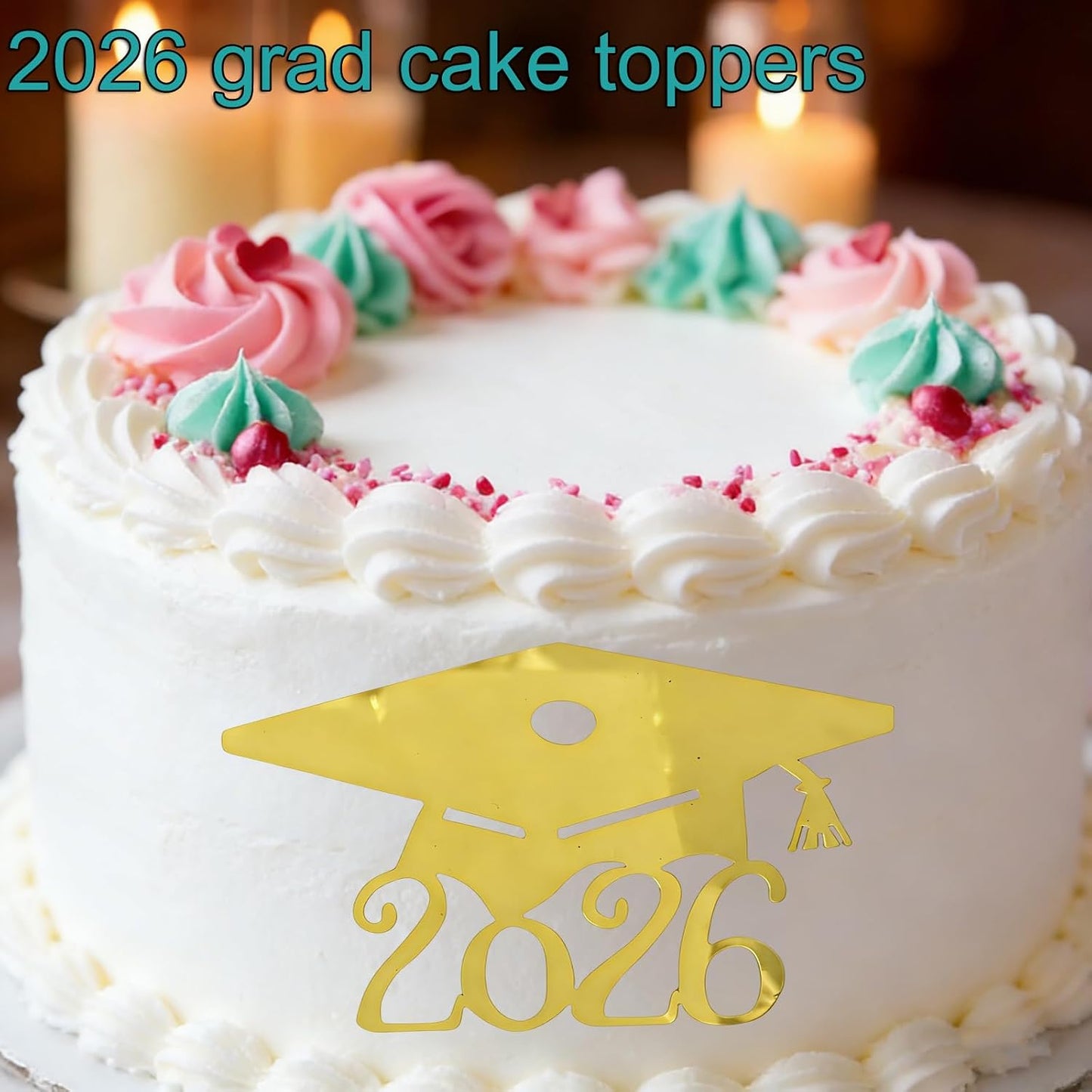 2026 Graduation Cake Toppers, 16 Pack Acrylic Gold Mirror Grad Cap Cake Decorations,Grad Hat Side Cake Toppers for Class of 2026 Party Supplies, High School College Graduation Cake Decorations BST220