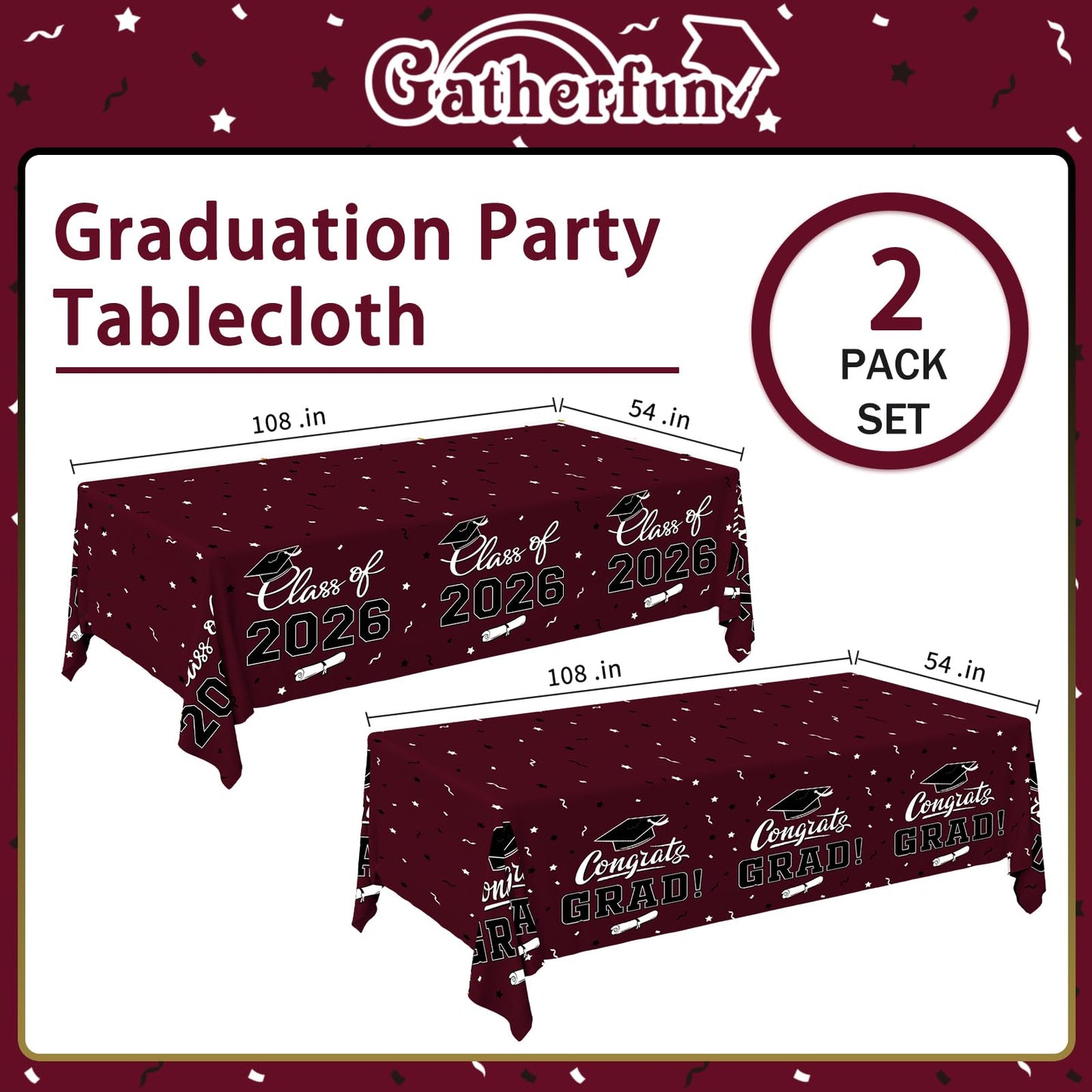 Gatherfun 2026 Graduation Decorations : 2-Pack Congrats Grad Disposable Tablecovers - Class of 2026 Red Themed Table Cloths, for Graduation Party Supplies & Graduation Backdrop, 54" X 108" BST326L