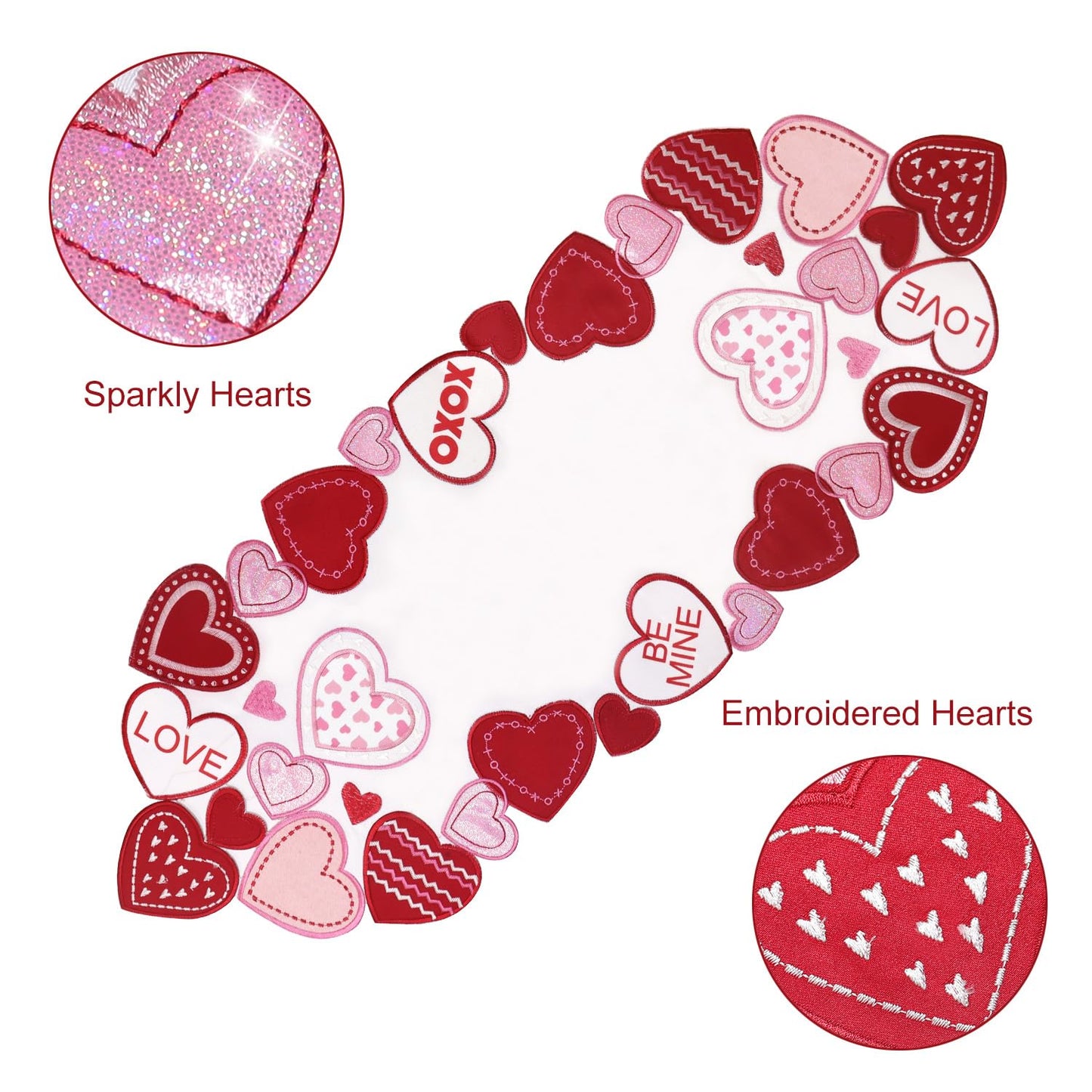 Valentines Table Runner Embroidered Red Love Heart Pink Valentines Day Runner for Table Decorations 54 inches Long Sparkle Cut Out Wedding XOXO BST202