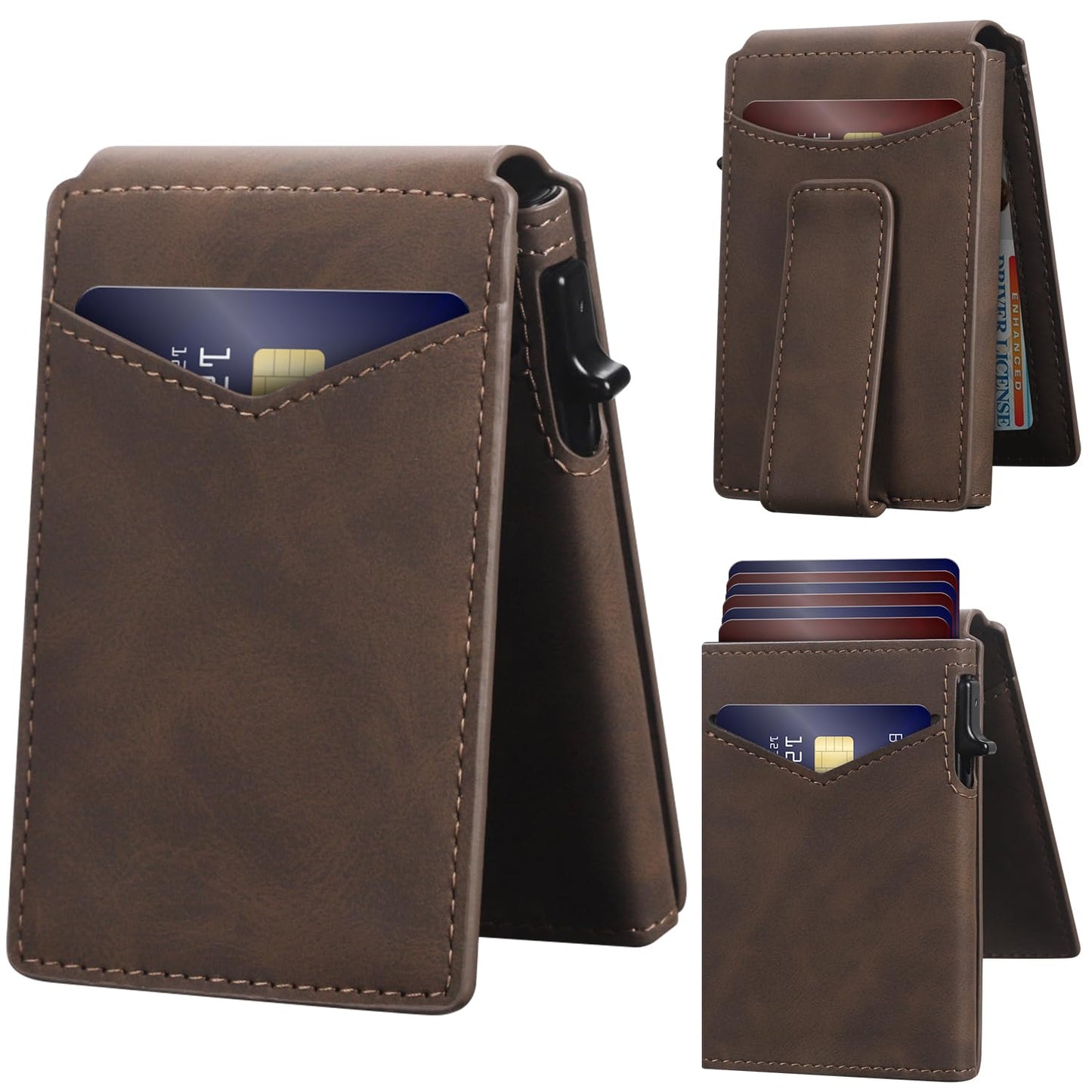 Wallet for Men RFID Blocking Card Holder, Genuine Leather Slim Pop up Card Case, Minimaslit, Front Pocket, 9-13 Card Capacity, ID Window, Money Clip(Carbon) BST220
