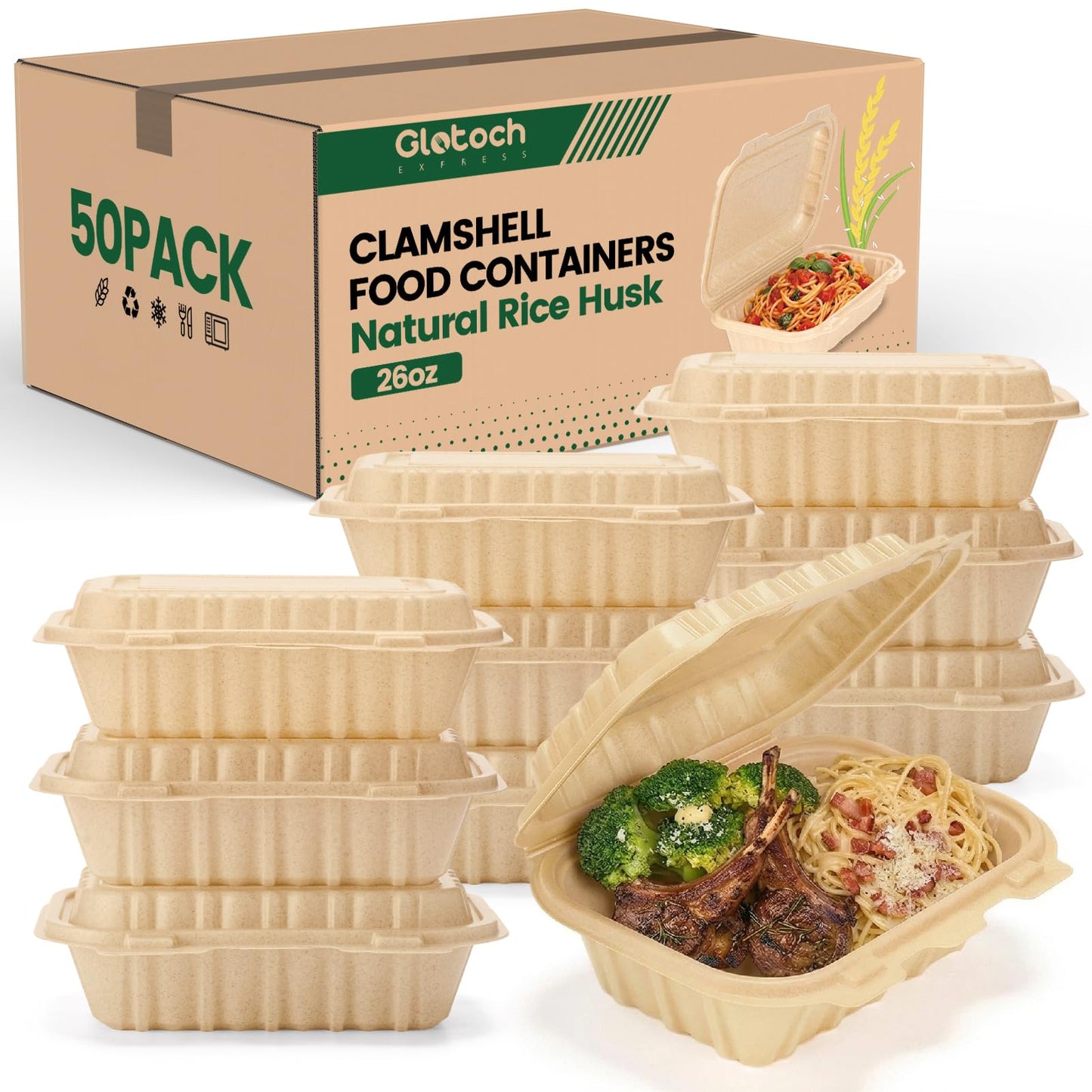 Clamshell Food Containers with Lids, 50 Pack-26oz Take Out Boxes N25