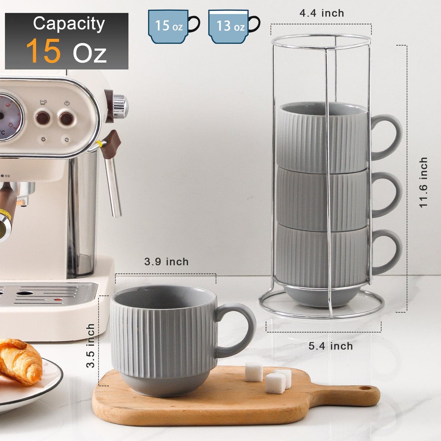 HASENSE 15 oz Ribbed Stackable Coffee Mug Set of 4, Porcelain Latte Cups with Metal Rack, Dishwasher & Microwave Safe, Cappuccino Tea Hot Cocoa, White BST220