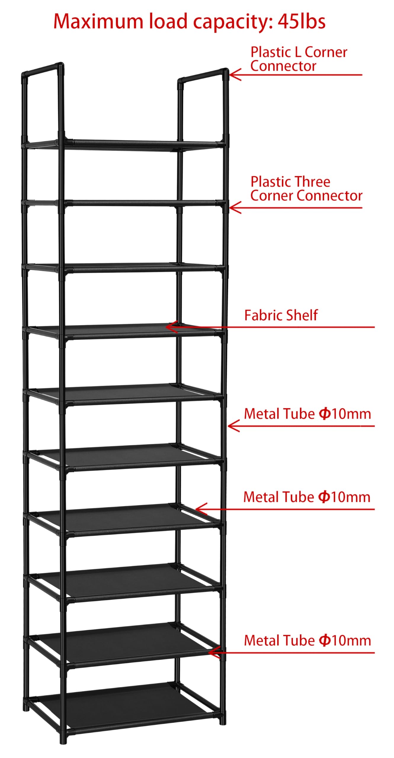 FIDUCIAL HOME 10 Tiers Shoe Rack Organizer 20 Pairs Tall Shoe Shelf | Tall Narrow Space Saving for Closet Entryway Dorm, Easy to Assemble, 17"L x 11"W x 68.8"H, Black BST220