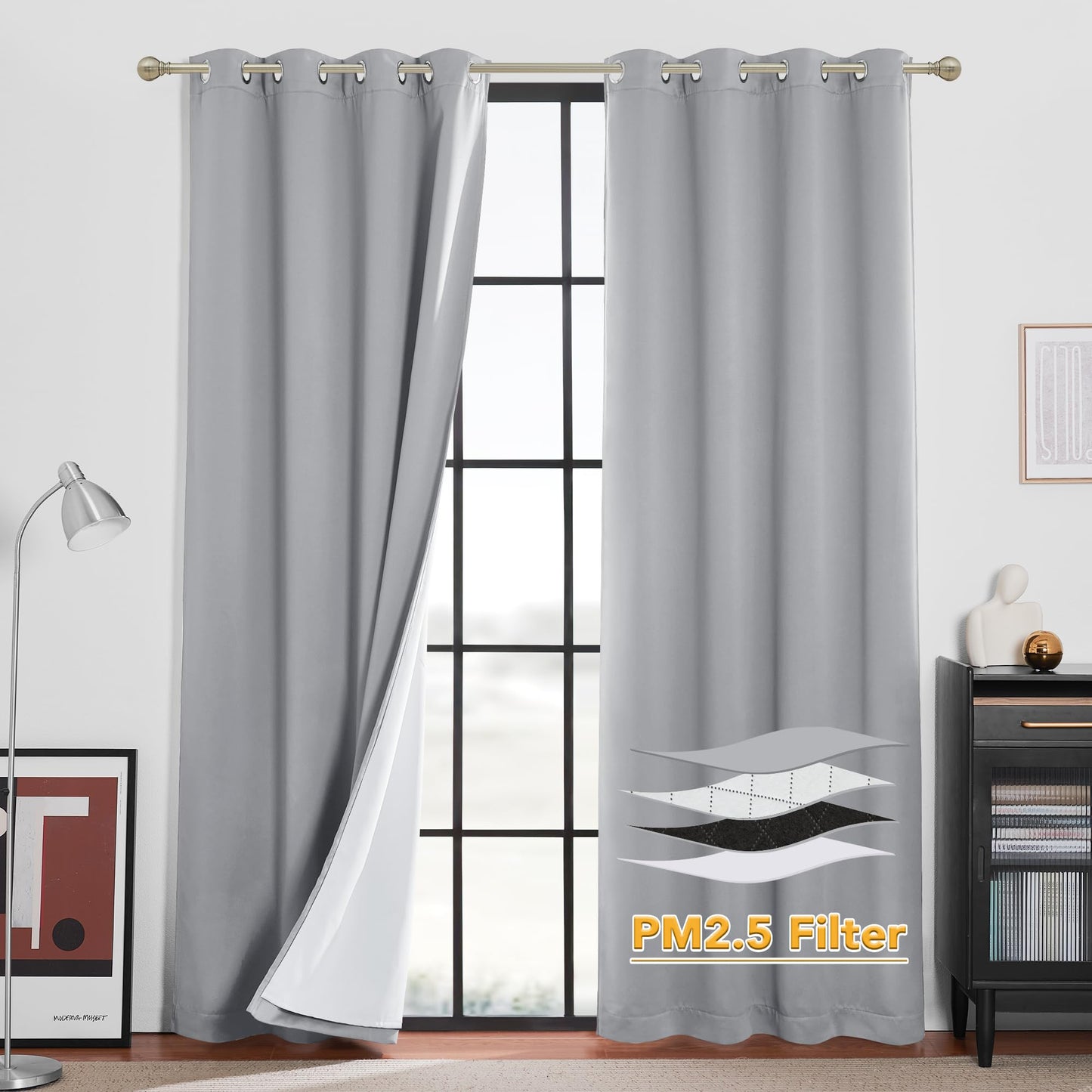 RYB HOME 4-in-1 Dust Filtering Soundproof Blackout Insulating Privacy Window Curtains for Nursery Bedroom Living Room Rivider Sound Absorption Sheet, Black, W52 x L90 inch, 2 Panels BST220
