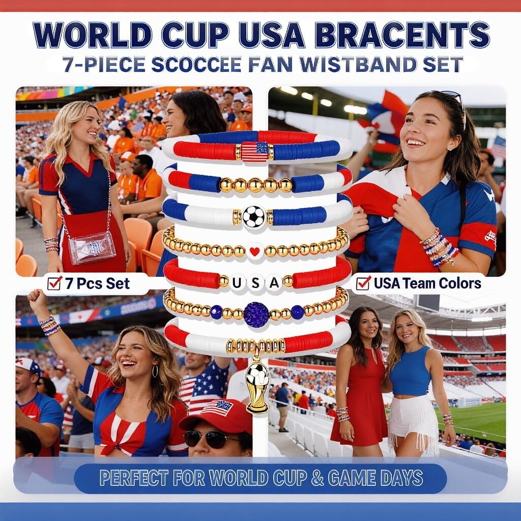 for FIFA World Cup 2026 Soccer Bracelets Gifts,for panini Game Day Soccer Bracelet Stack 7pcs Stackable Beaded USA Football Bracelets Outfits Jewelry Sports Fans Gifts Essentials Party Favors BST326L