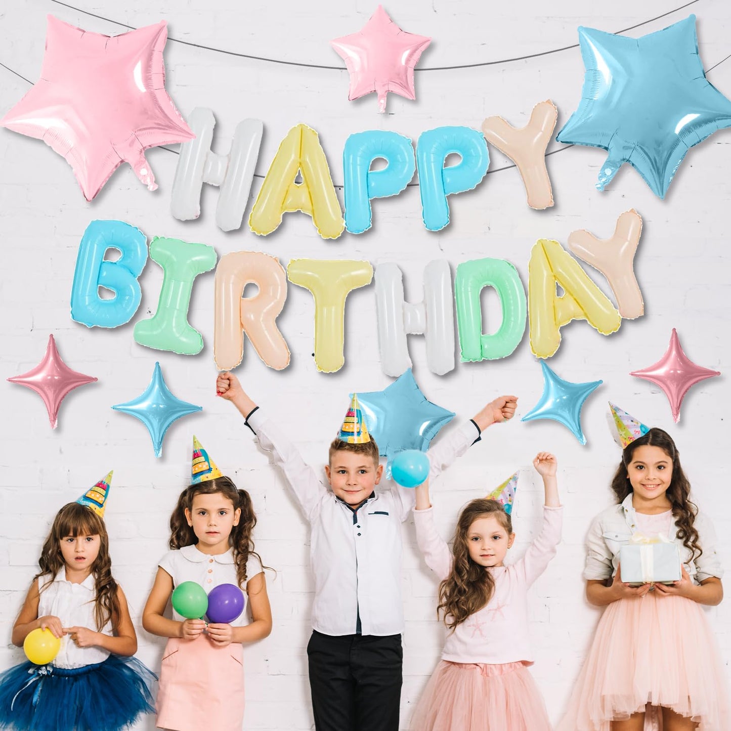 Happy Birthday Balloons Banner, Rainbow Happy Birthday Foil Balloons 16 Inch Foil Letter Balloon with 8 Pcs Gradient Blue Pink Star Balloon for Women Men Boys Girls Birthday Party Decoration WN420