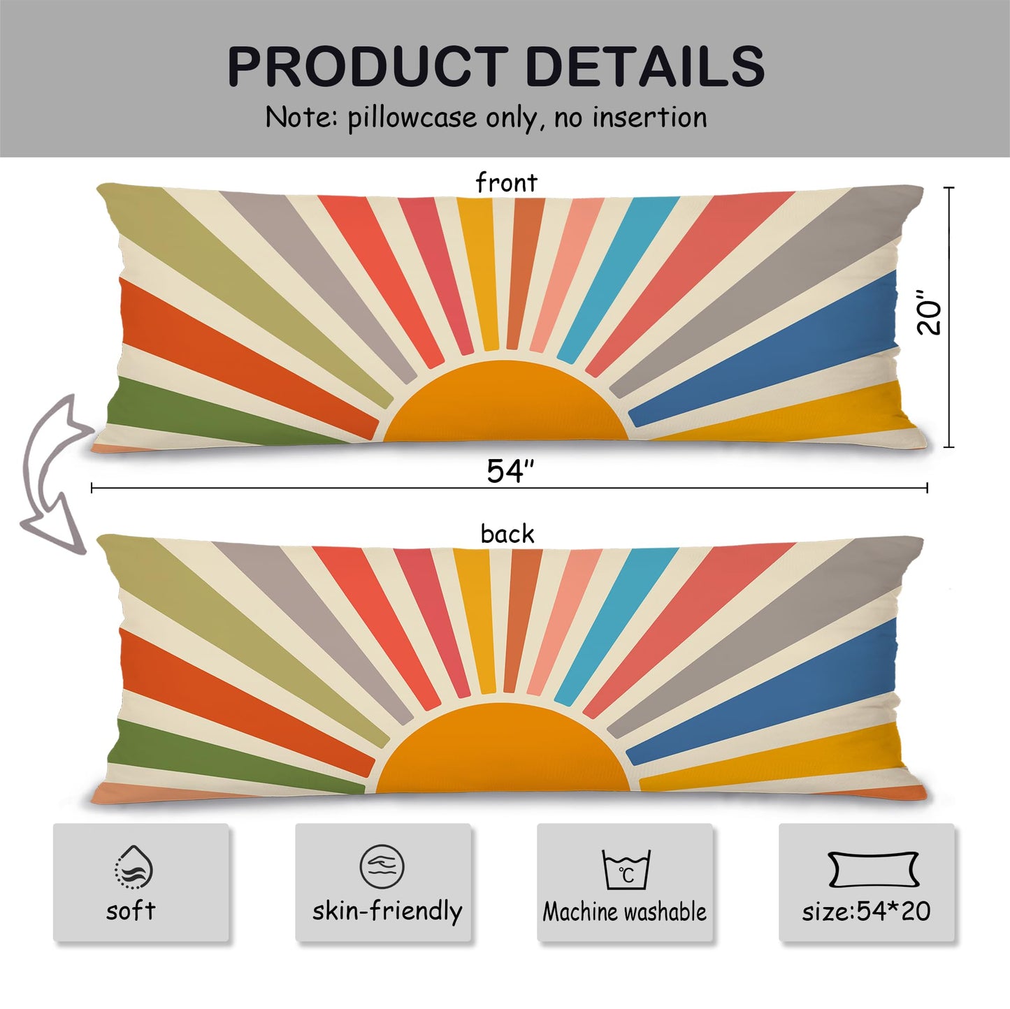 Boho Sun Sunshine 21x54 Body Pillow Cover Case, Modern Neutral Boho Horizontal Sun Sunset Sunrise Decorative Long Hug Pillow Cases for Bed Couch BST220