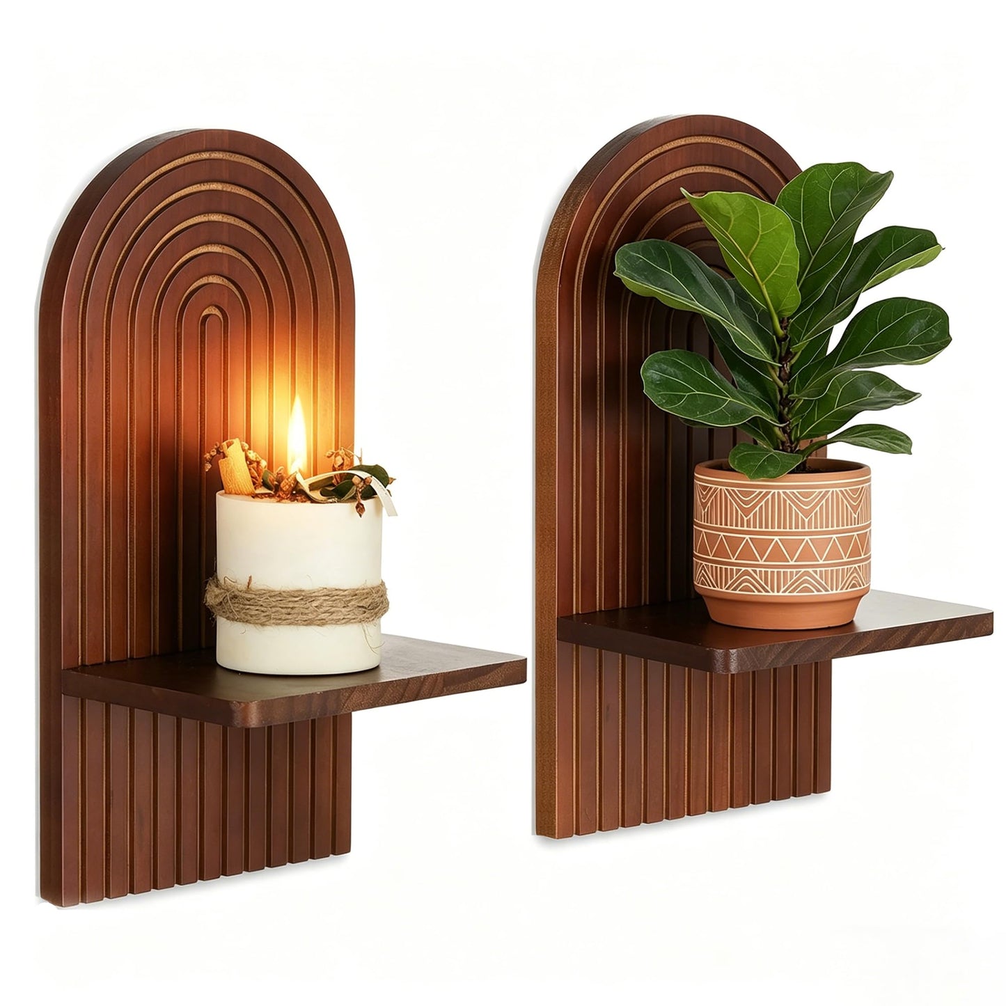 Boho Wall Candle Holder Decor: Mid Century Candle Sconces Set of 2 for Plants Pillar Candles - White Wood Modern Minimalist Arch Candle Shelf Bohemian Art Decor Beside Fireplace TV BST220