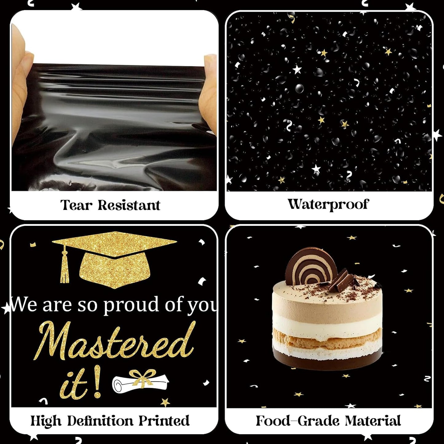 3PCS Mastered It Graduation Tablecloth Black Gold Congrats Grad Table Cover Plastic Master's Graduation Party Supplies for Class of 2026 Master College Disposable Decorations WN420