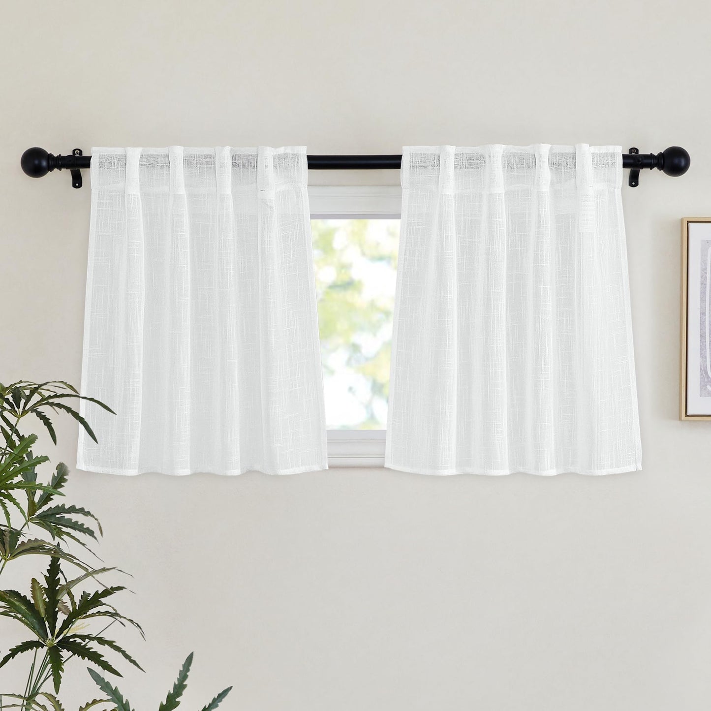 NICETOWN White Semi Sheer Kitchen Curtains 30 inch Length, Rod Pocket & Back Tab Faux Linen Blend Privacy with Light Filtering Window Drapes for Cafe, W34 x L30, 2 Panels BST220
